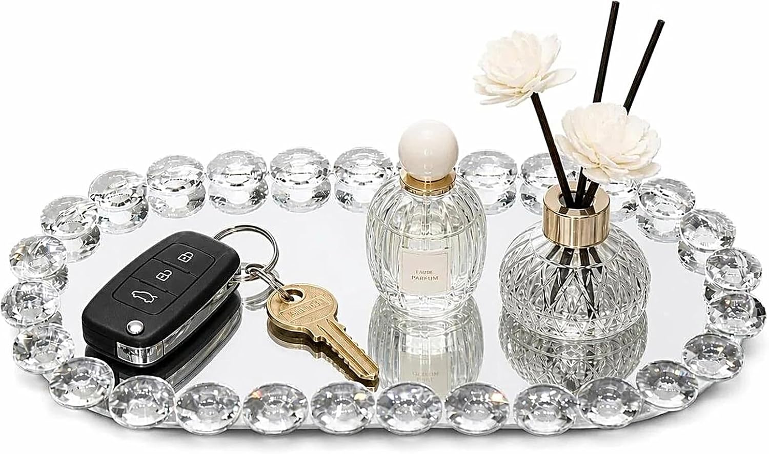 12"x6" Mirror Glass Vanity Tray, Crystal Decorative Catchall Tray