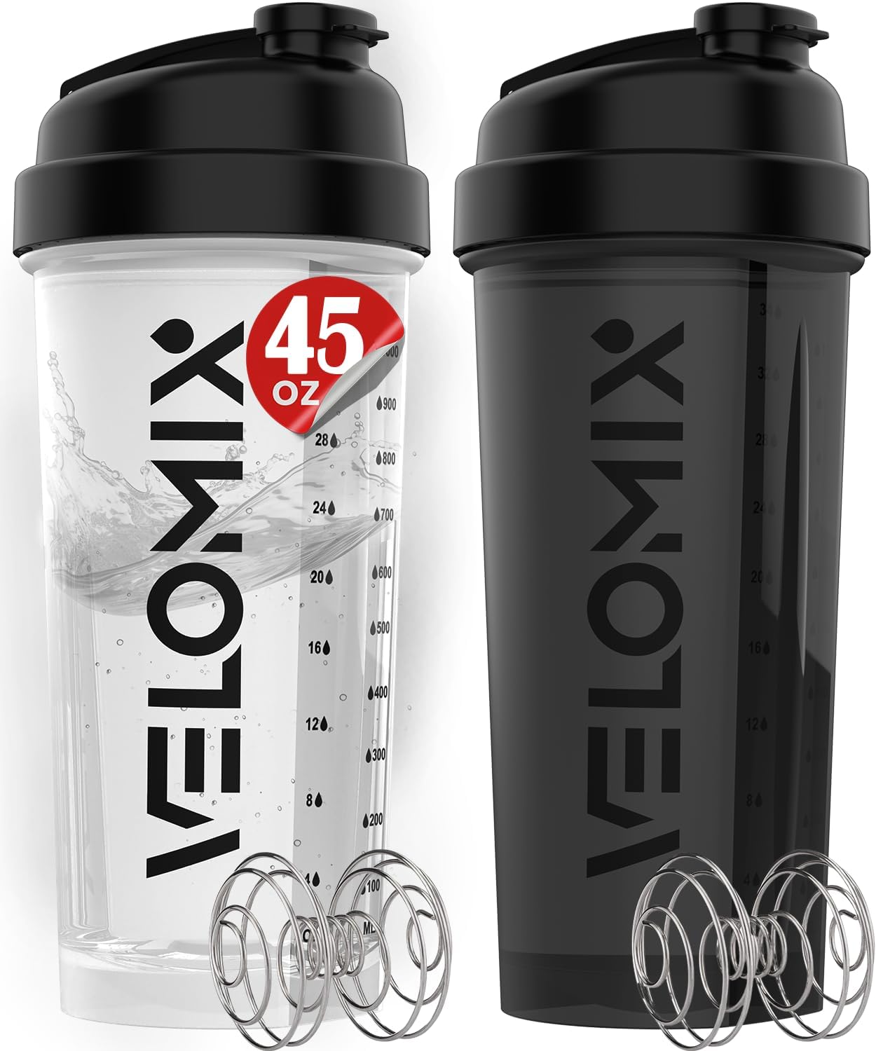 VELOMIX -2 Pack- 45 oz Protein Shaker Bottles for Protein Mixes - 2x Wire Whisk | Leak Proof Shaker Cups for Protein Shakes | Protein Shaker Bottle Pack | Shakers for Protein Shakes-Black&Transparent
