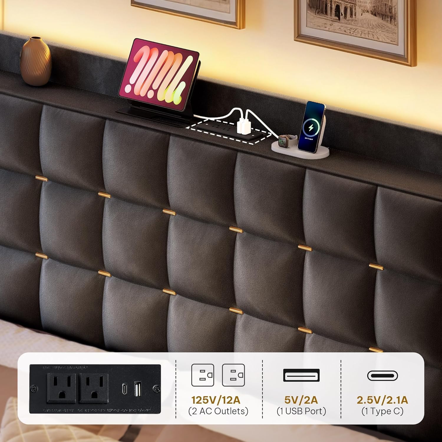 YITAHOME Queen Size Bed Frame with 3 Storage Drawers and RGB LED Lights, Velvet Upholstered Bed with Charging Station and Storage Headboard, No Box Spring Needed, Easy Assembly, Noise-Free, Grey