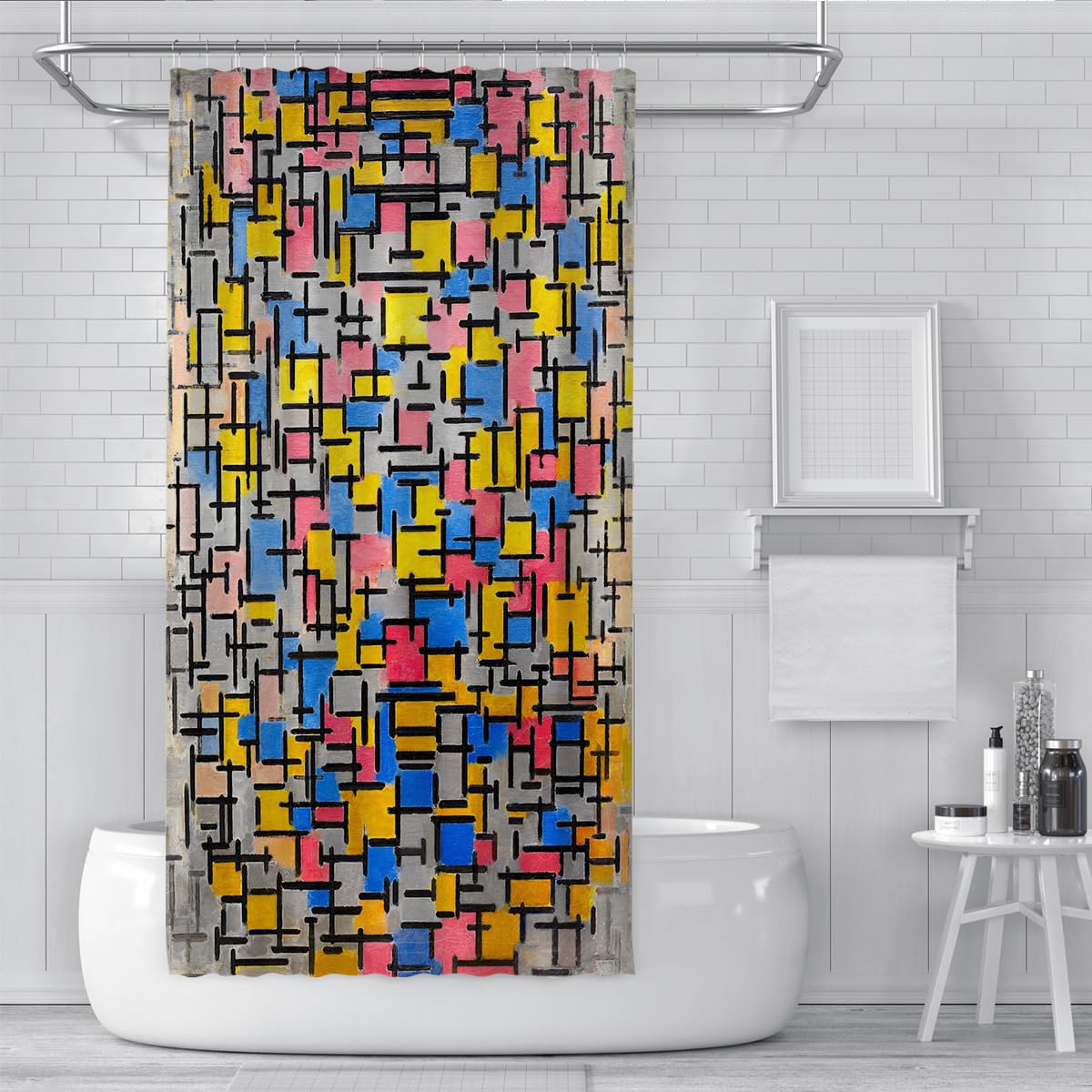 Rideaux de Douche en Grille géométrique en mosaïque Pop Art Abstrait Rideaux de Salle de Bain en Tissu imperméable en Tissu coloré Rose Bleu, Jaune et Crochets 200 x 220 cm