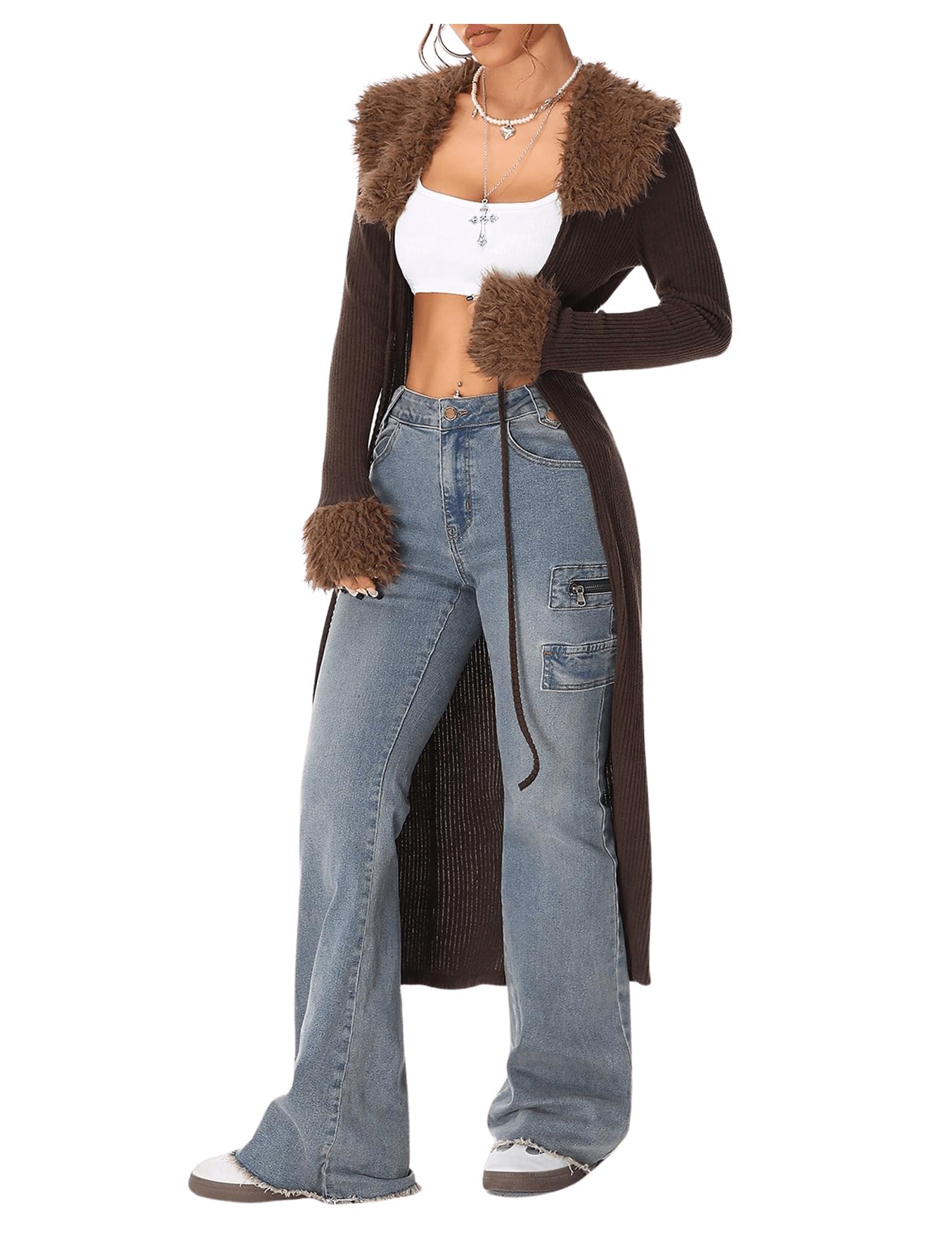 MakeMeChic Womens Chocolate Brown Cardigan Sweater Fall Fur Long Sleeve Tie Front Long Cardigan