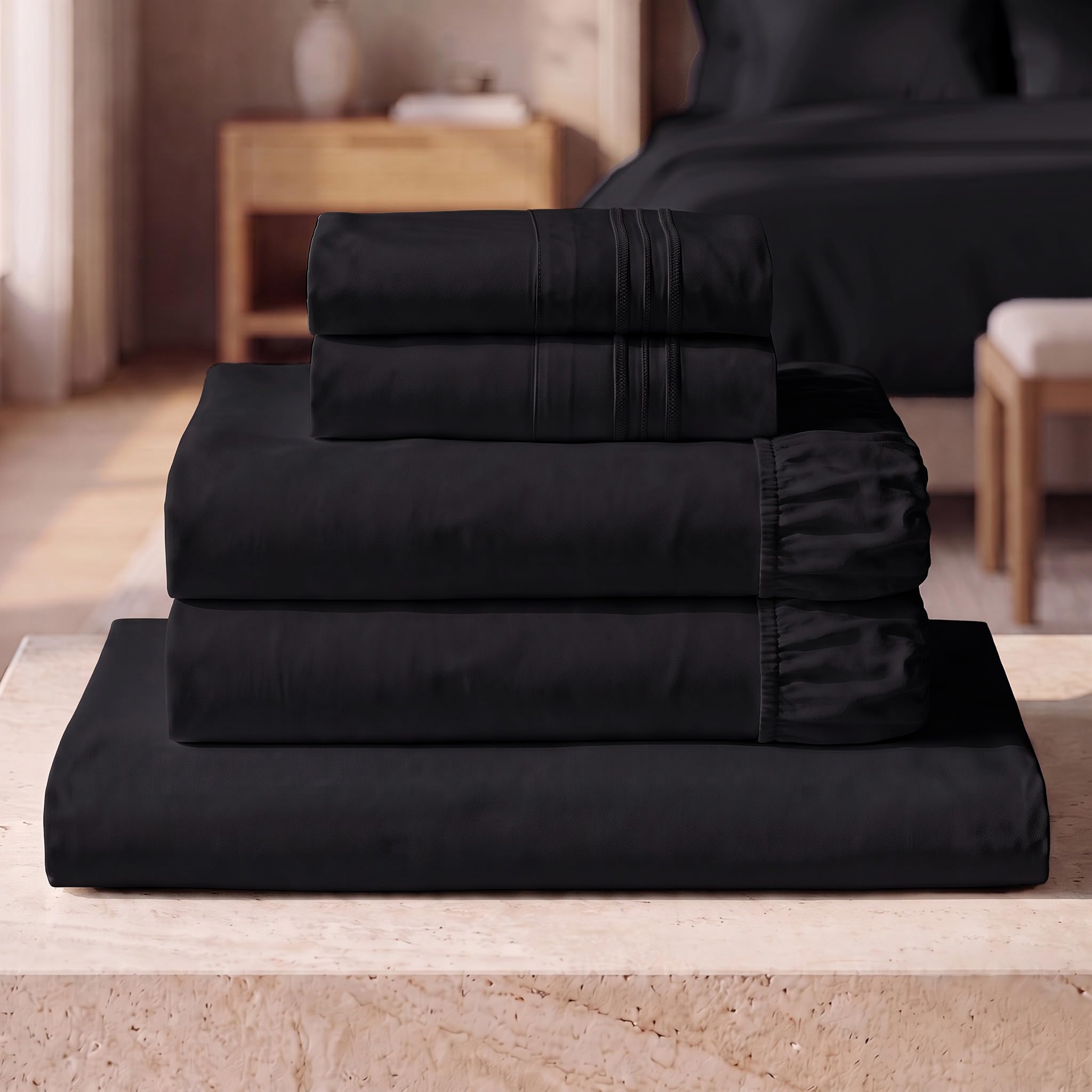 Mellanni Iconic 5-PC Sheet Set, 21" Extra Deep Pocket (Split King, Black)