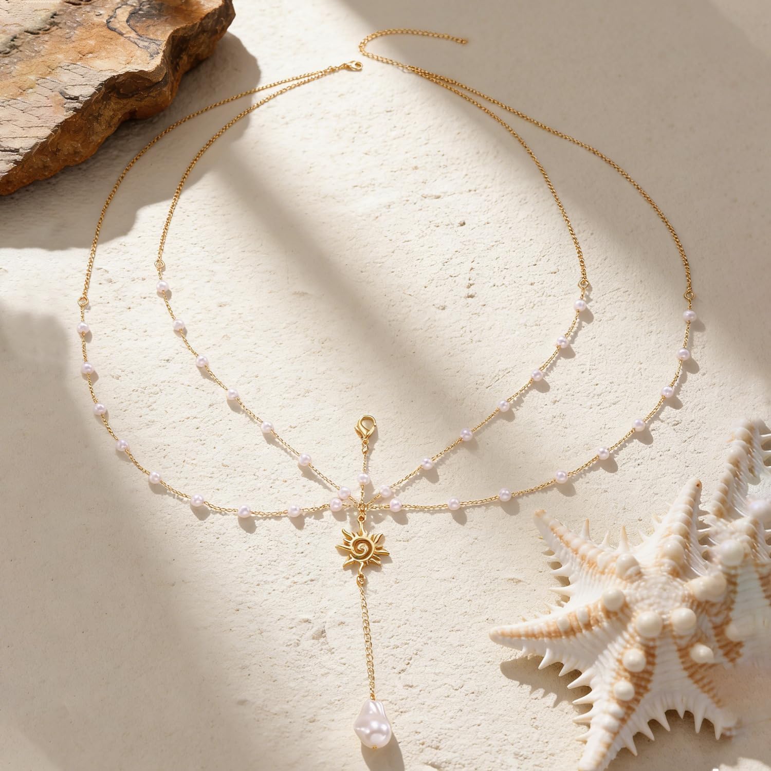 Gold Shell Pendant Layered Body Chain for Women Boho Faux Pearl Beaded Bikini Waist Chain Summer Beach Vacation Fashion Jewelry