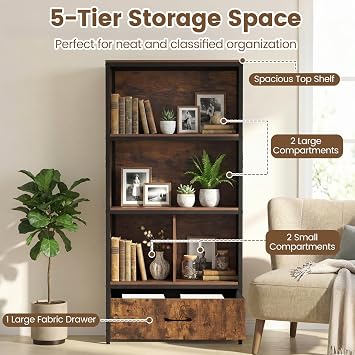 COSTWAY 5-Tier Bookshelf, Freestanding Storage Bookcase Cabinet with 4 Storage Compartments and Large Fabric Drawer, Wooden Open Display Cabinet for Study, Living Room, Bedroom (Rustic Brown + Black)