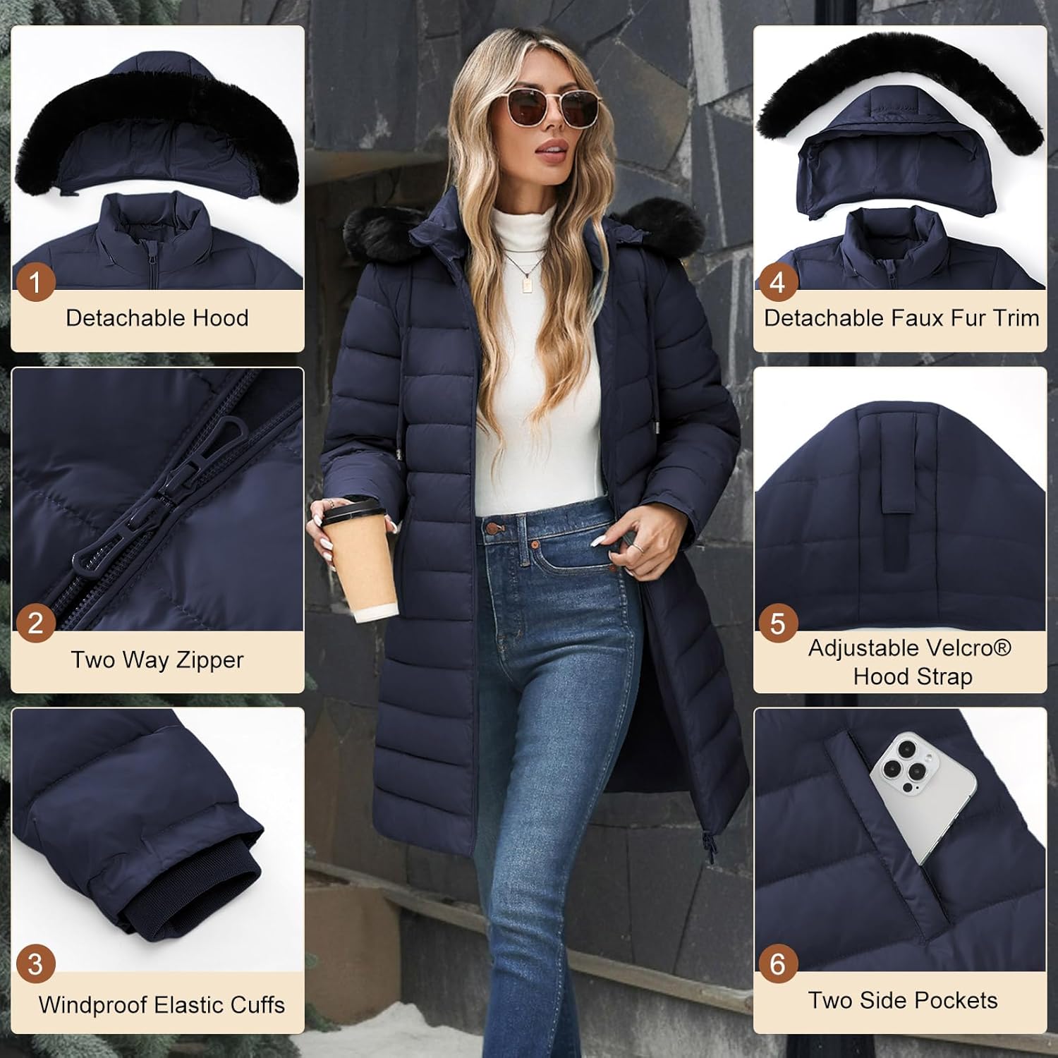 Women's Winter Puffer Coat - Thicken Fleece Lined Down Jacket Waterproof Warm Hooded Parka with Faux Fur Detachable - Image 4