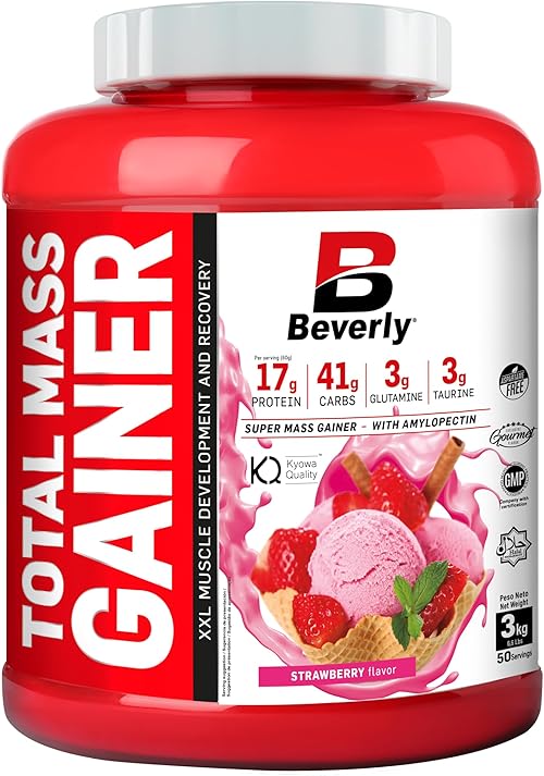 Beverly Total Mass - Proteína con hidratos de carbono, glutamina y taurina - 3 Kg - 50 Servicios - Ganancia muscular y de peso libre de grasa. Delicioso sabor (3 KG, FRESA)