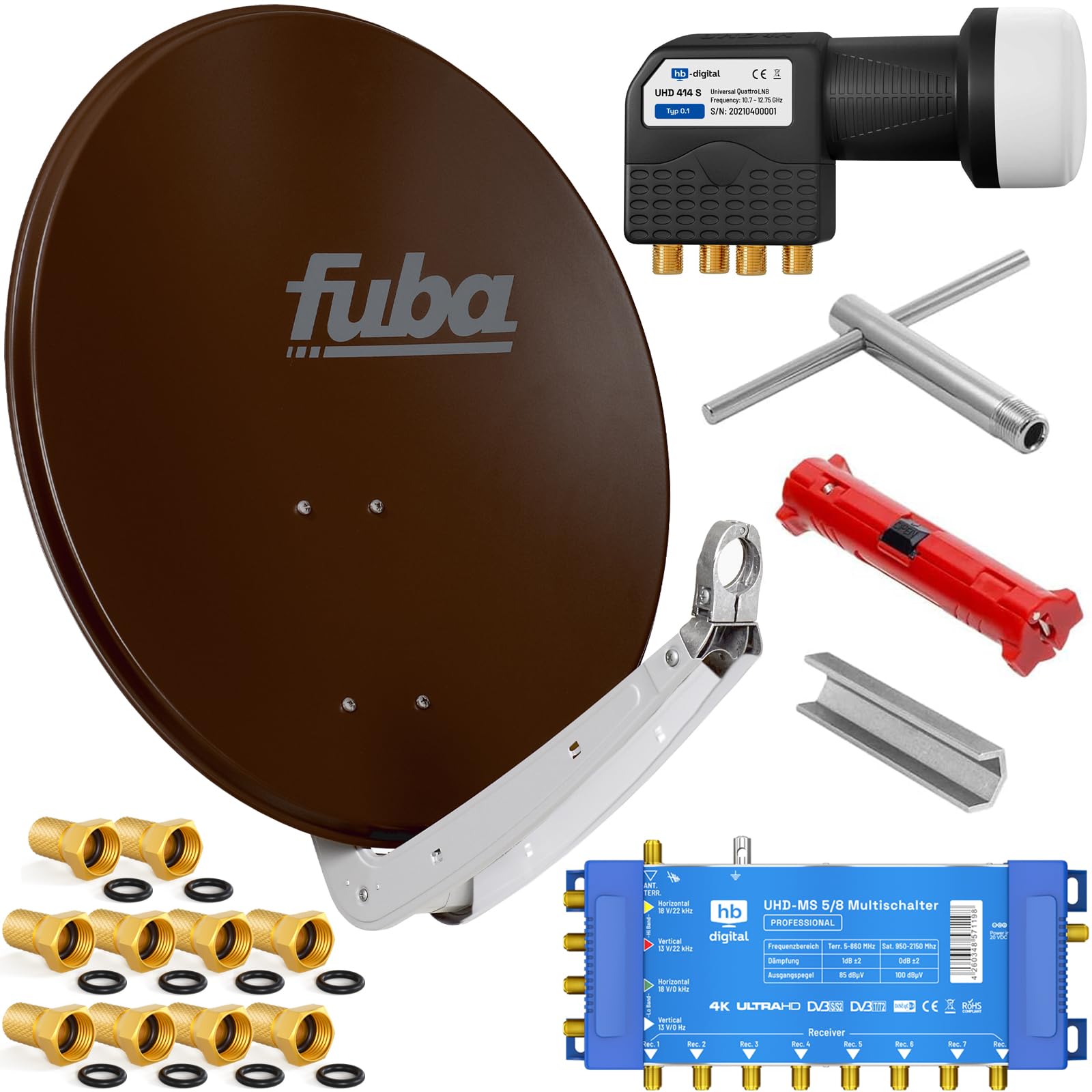 Fuba 8 Teilnehmer Digital SAT Anlage 65cm Schüssel DAA650B Braun + hb-digital UHD 414 S Quattro LNB 0,1dB HDTV 4K + UHD-MS 5/8 Multischalter + Aufdreh-Set + 24 vergoldete F-Stecker Gratis dazu