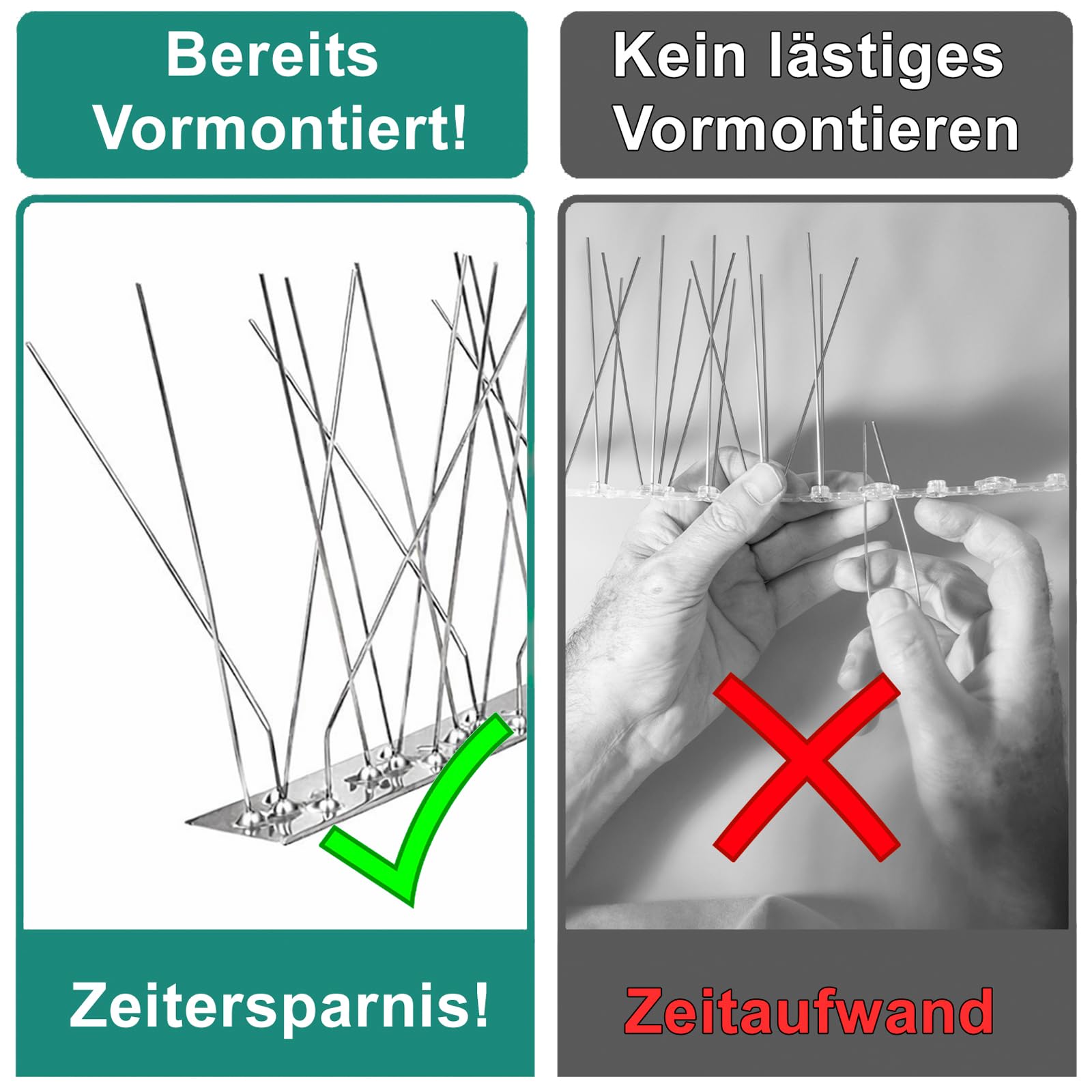 PRIOstahl Taubenabwehr Vogelabwehr 5-reihig 10 Meter (10 x 100cm) vormontierte & einsatzbereite Spikes inkl. Kabelbinder Profi Vogelschreck für Tauben & kleine Vögel wetterbeständig aus Edelstahl V2A