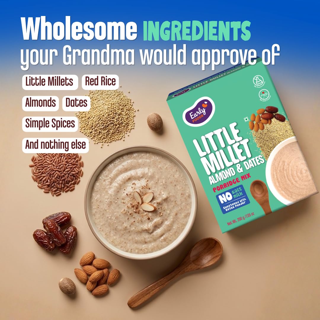 Early Foods - No Added Sugar No Salt Porridge - Little Millet Cereal with Dates Porridge Mix | No Preservatives | Kids Cereal | Sweetened with Dates | No Milk Powder 200g