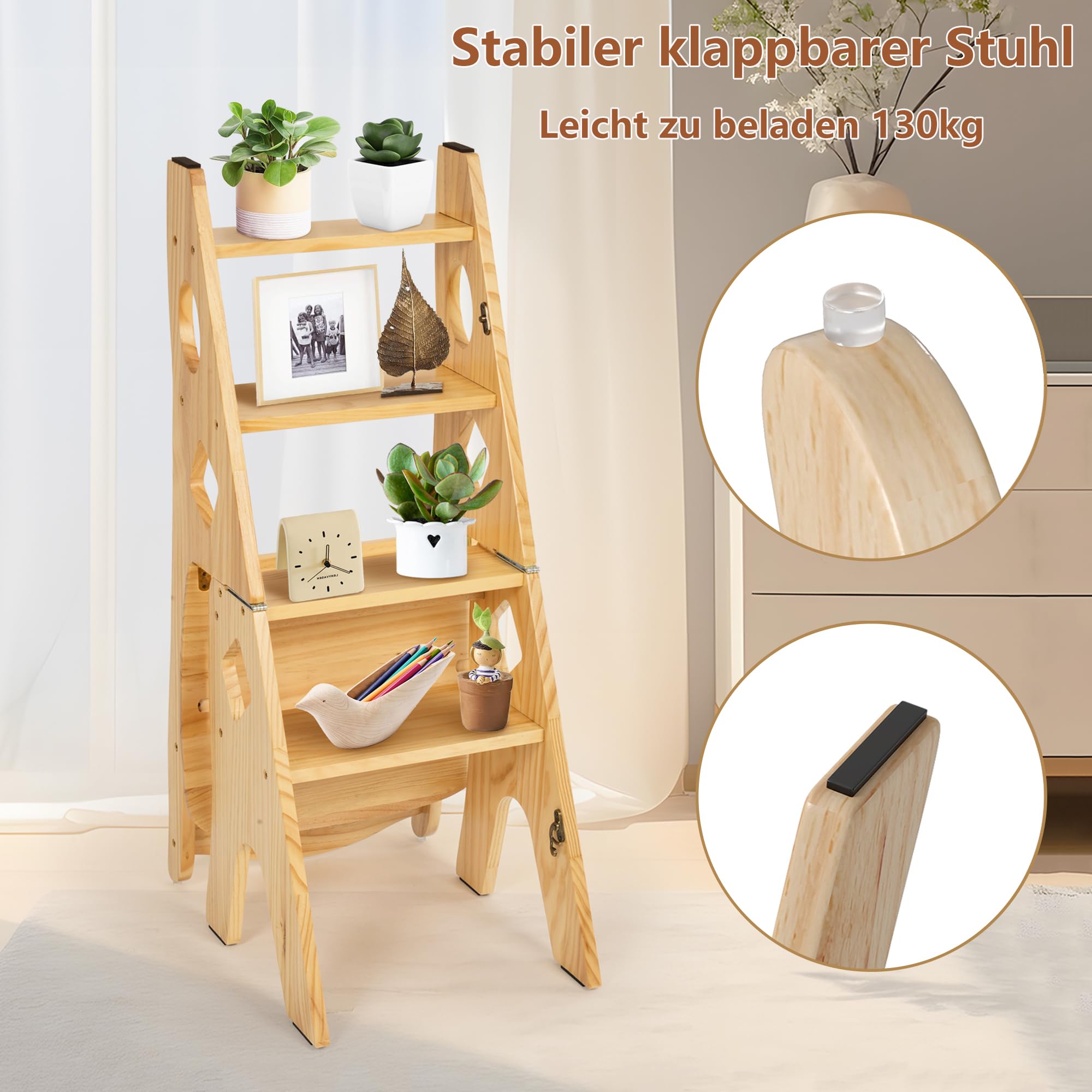Taburete plegable para biblioteca (4 niveles, hasta 180 kg) | Silla plegable de madera maciza, para escalones, exposición, soporte para flores, madera, 46 x 34 x 87 cm