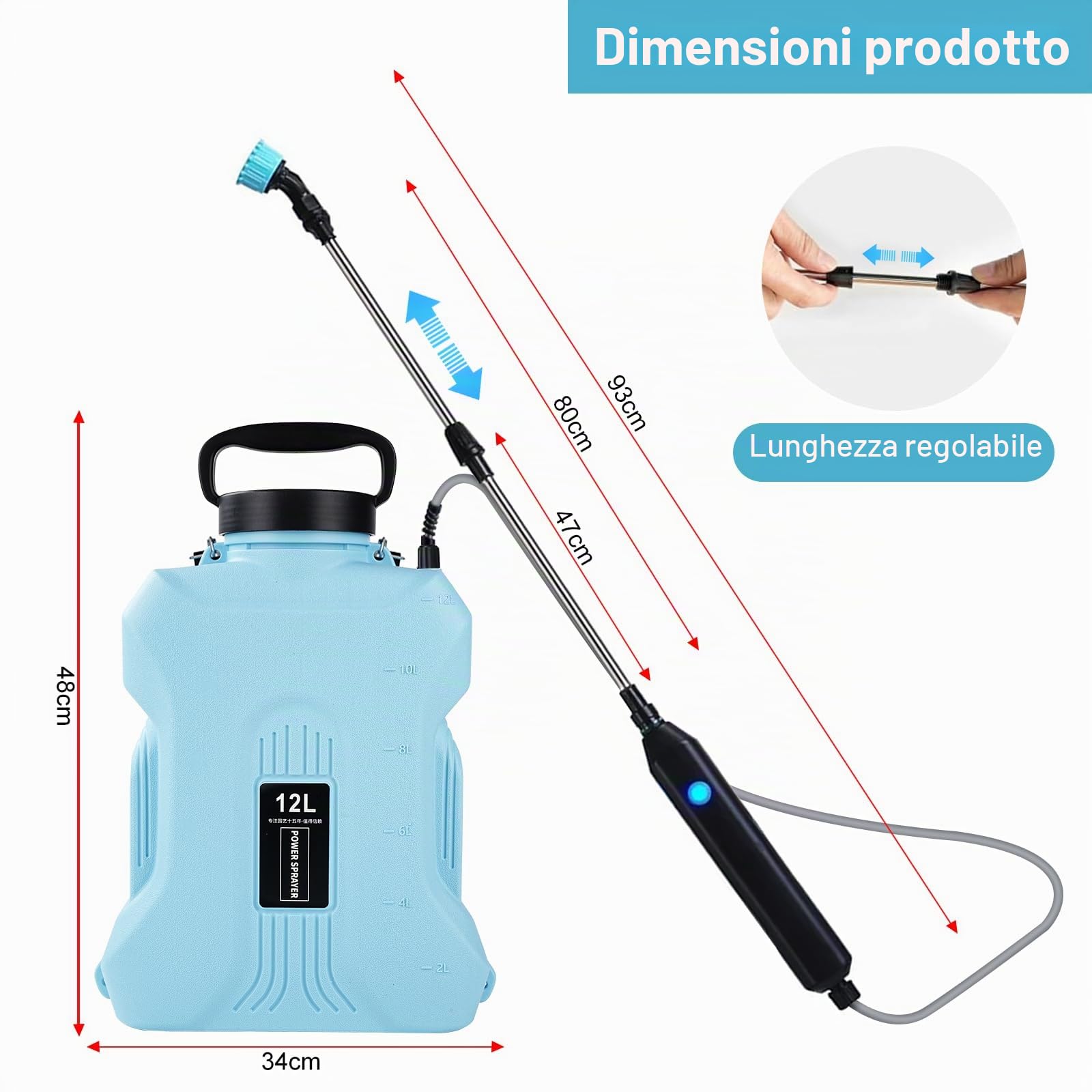 Nikou Pompa Irroratrice a Batteria 12L, Spruzzatore a Pressione Elettrico Zaino Nebulizzatore, con Lancia Telescopica, Spallacci Regolabili, 5 Ugelli, per Giardino Foresta Agricoltura