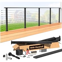 12-16FT Modular 36" Swageless Cable Railing System with Handrail | All-in-one, Level Drilled Post, Pre-Cut 1/10" Cable Railing Kit, Handrail Cuttable, T304 Stainless Steel for Deck, Black