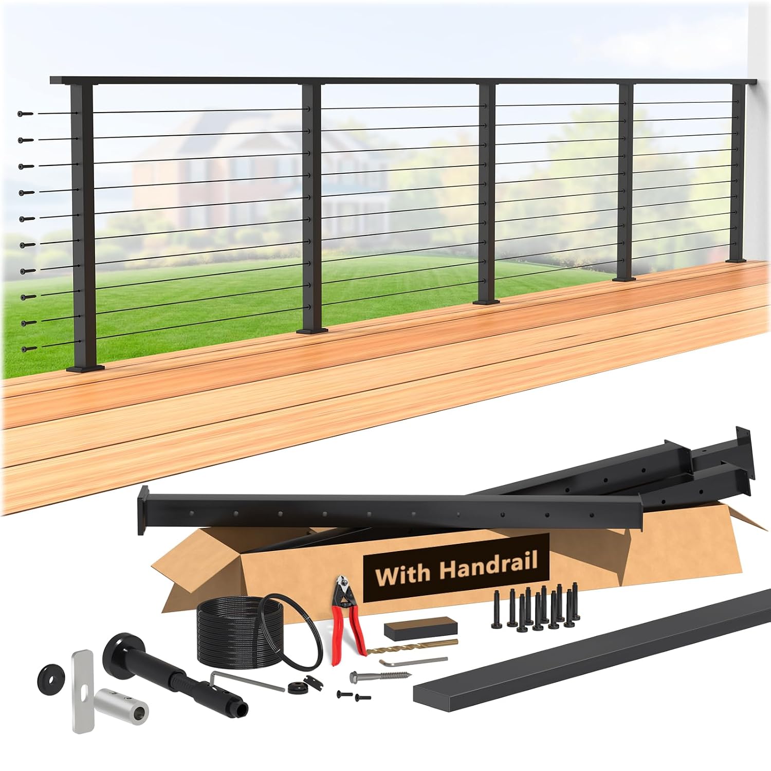 36" Swageless 12-16FT Black Complete Cable Railing System Post Kit with Handrail Cuttable, T304 Stainless Steel, Modular Pre-Cut 1/10" Cable Railing Kit with Level Post Easy DIY for Deck Porch