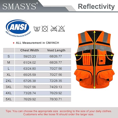Miniatura 7 de SMASYS Chaleco de seguridad Hi Vis con cinta reflectante 3M, tejido de punto y tela Oxford con bolsillos, ropa de trabajo de construcción