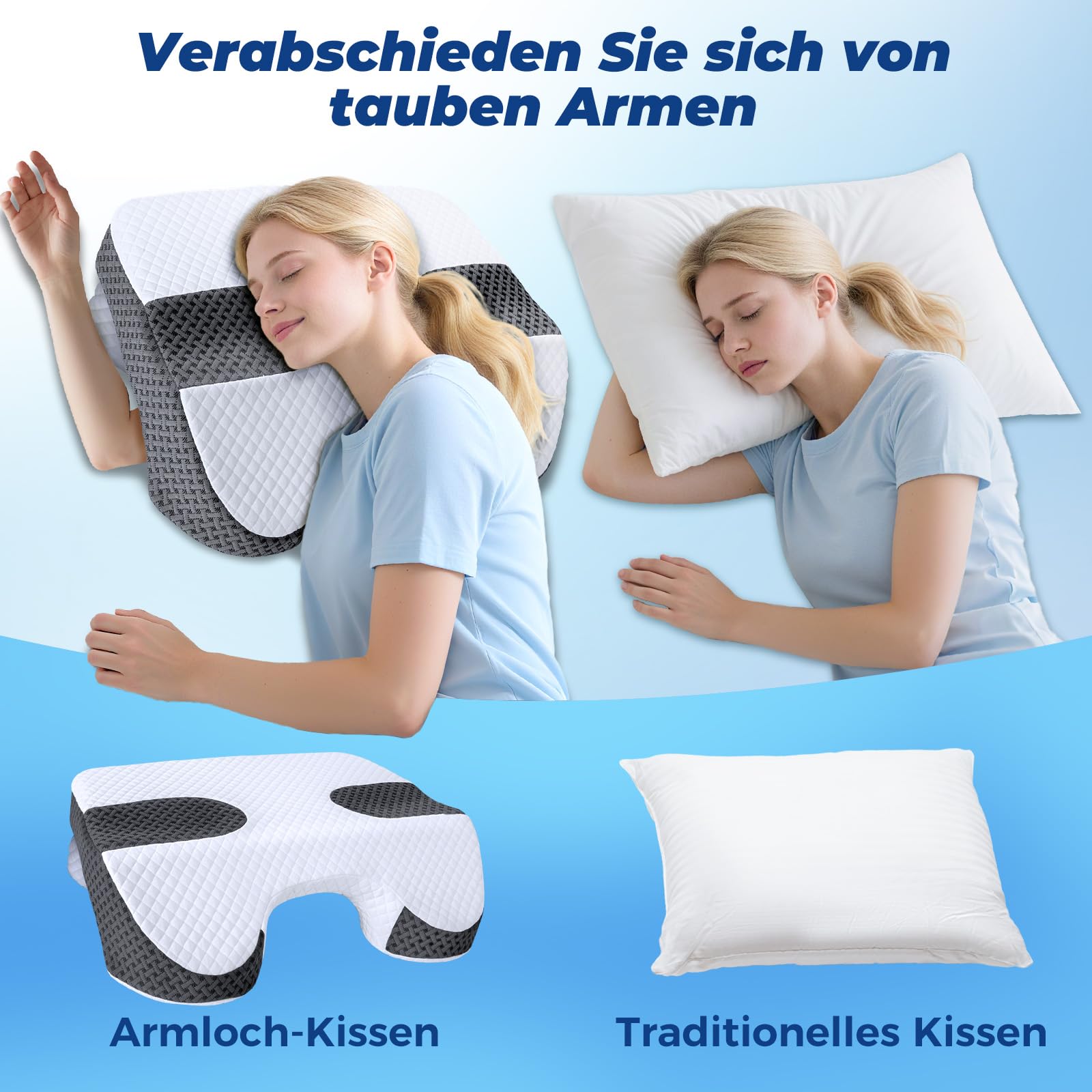 SAHEYER Seitenschläferkissen mit Armloch, 2-in-1-Ergonomisches Orthopädisches Kopfkissen für Nacken und Schulter, Memory Foam Kissen mit 3 Armöffnungen – für Seiten-, Rücken- und Bauchlage, Schwarz