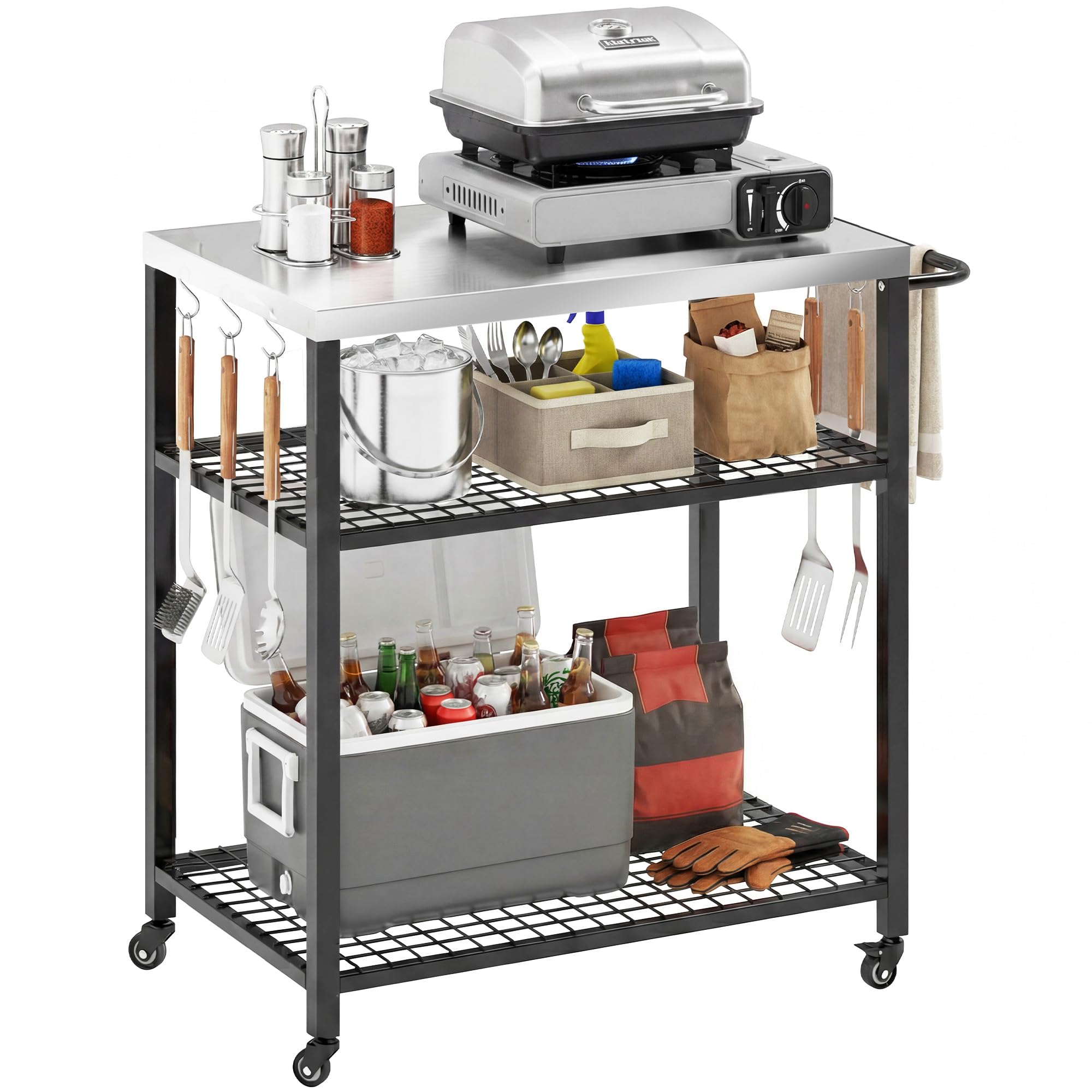 Outsunny Outdoor Grill Cart with Stainless Steel Tabletop for Food Prep, 3-Tier Pizza Oven Stand with 2 Shelves, 6 Hooks, Movable Food Prep Table on Wheels with Brakes, Black