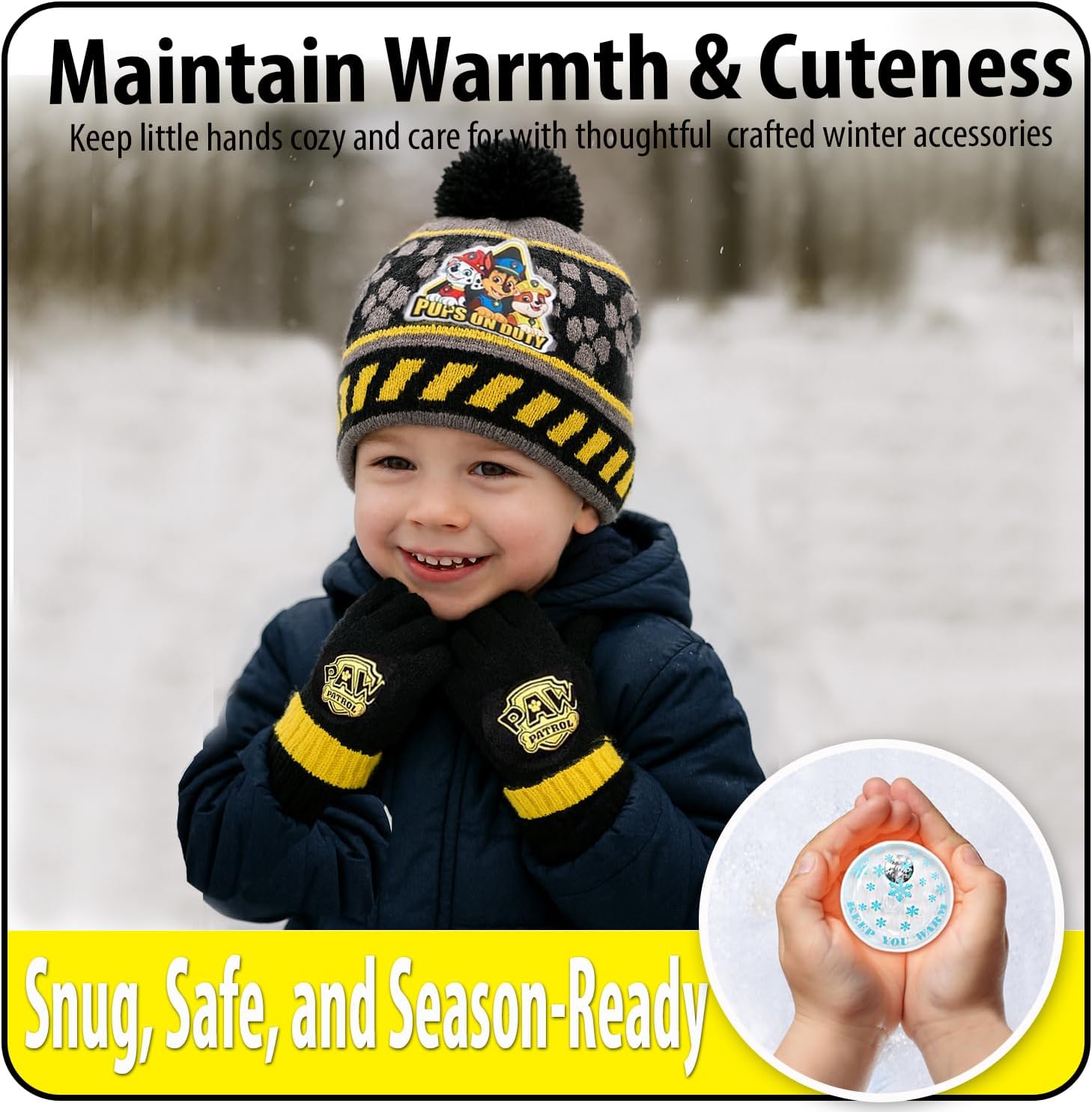 Nicklelodeon Paw Patrol Boy's Winter Hat and 2 Pair of Gloves or Mittens Set (Age 2-7) Size Age 4-7, Paw Patrol Black Glove with Handwarmers - Image 6