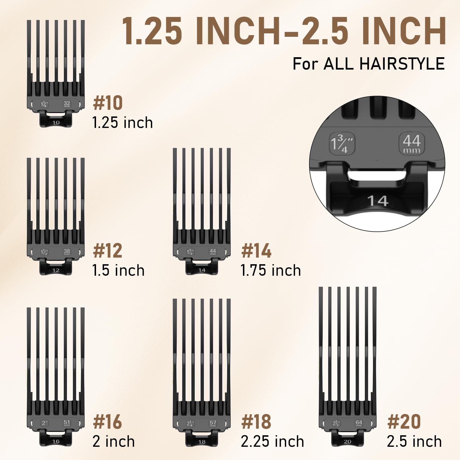 Clipper Guards 3,2 cm, 3,8 cm, 4,4 cm, 5,1 cm, 5,7 cm und 6,3 cm, kompatibel mit den meisten Haarschneidemaschinen, extra lange professionelle Haarschneidekämme, Führungen 10, 12, 14, 16, 18, 20