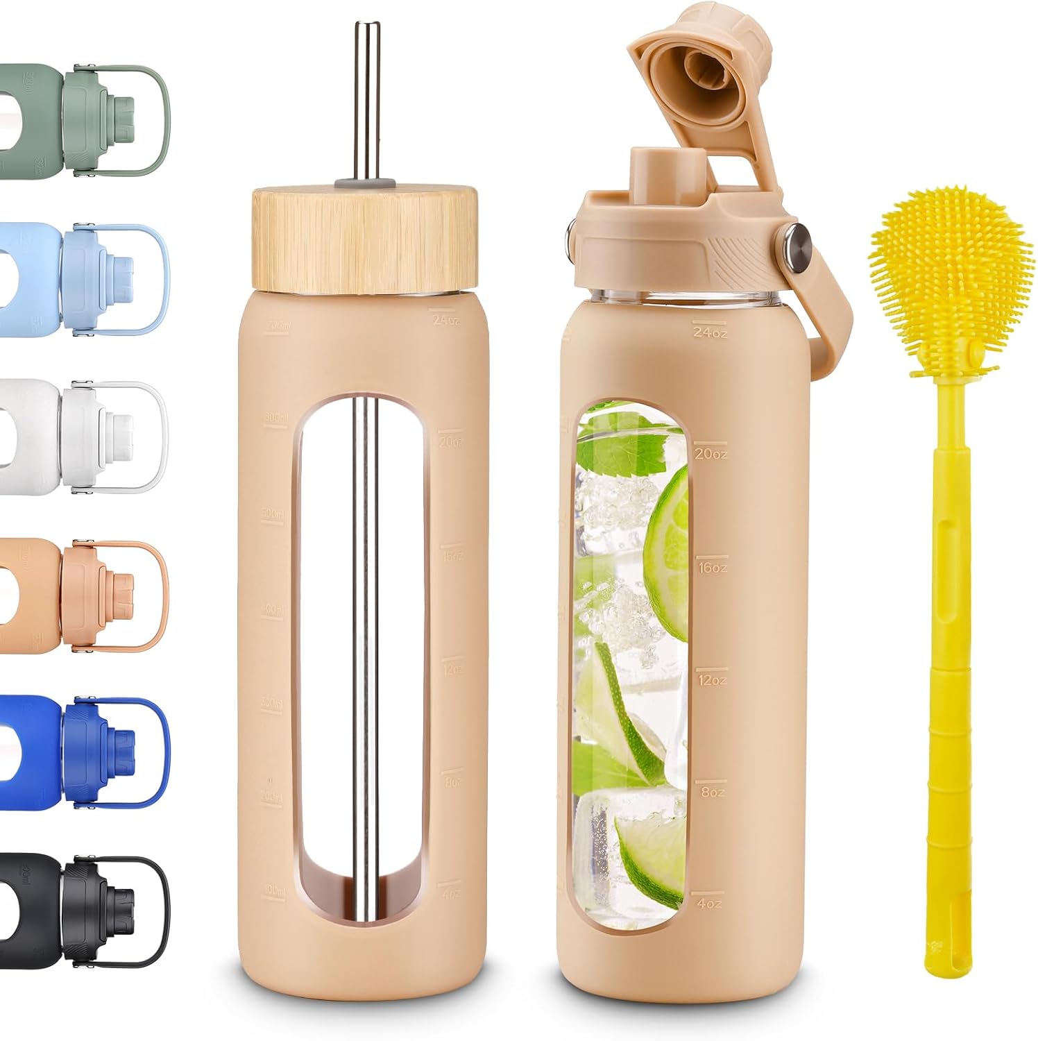 24 oz Glass Water Bottles With Two Lids Bamboo Straw Lid and Handle Spout Lid-1 Liter Glass Tumbler with Silicone Sleeve and Straw Leakproof BPA Free For Home Office Gym