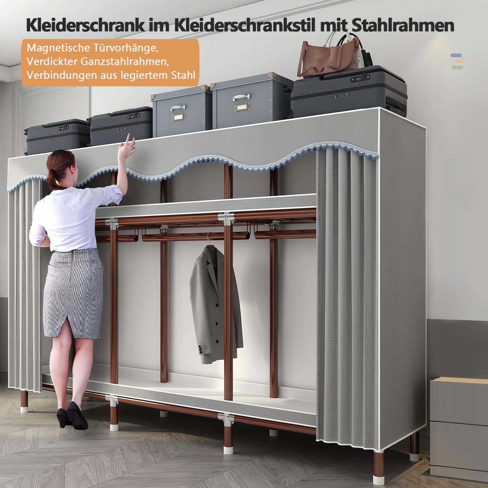 Kleiderschrank, Faltschrank Stoffschrank Stabil mit Dicker Satinstoff, 200x46x170 cm Schlafzimmerschrank mit Kleiderstange, Mobiler Kleiderschrank, Kleiderständer aus Metall, Freistehender