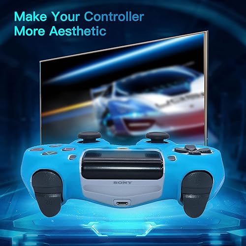 Miniatura 7 de Funda protectora de silicona azul que brilla en la oscuridad, compatible con controlador PS4SlimPro con 8 tapas de agarre para el pulgar que brillan