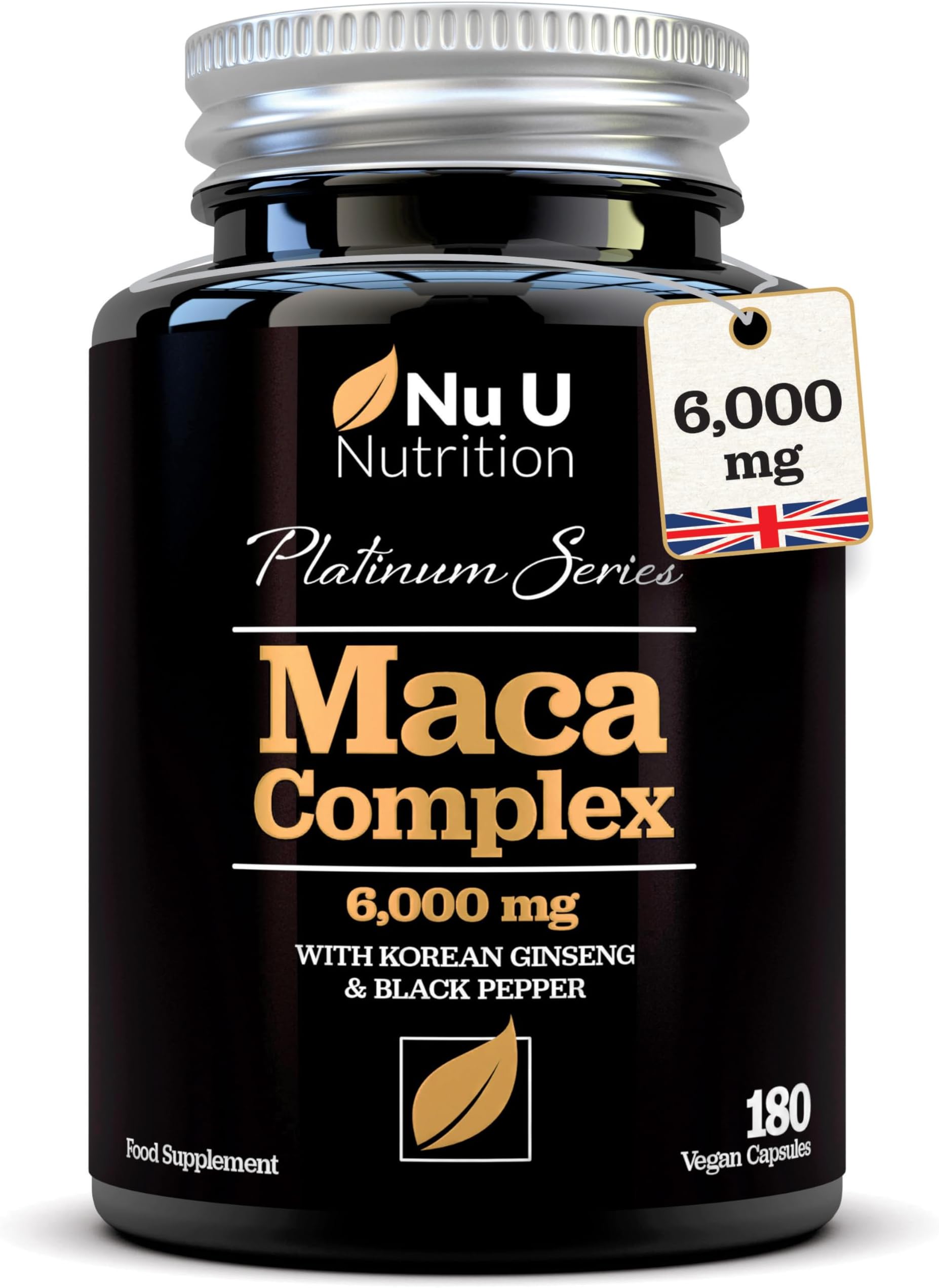 Black Maca Root 6000mg - 180 Vegan Capsules - Premium Peruvian Maca - Korean Panax Ginseng & Pepper - High Strength Complex for Men & Women - 6 Month Supply - Made in the UK - Nu U Nutrition