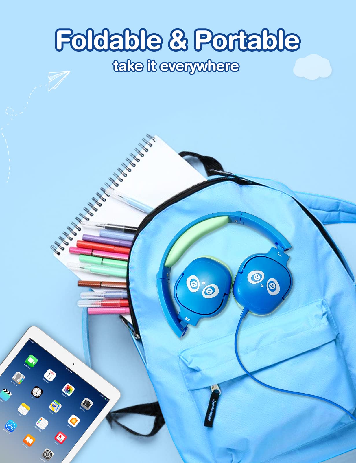 Auriculares para niños con cable, auriculares para niños con micrófono para niños y niñas, volumen limitado de 85 dB/94 dB, auriculares plegables para niños pequeños para escuela, avión, 6