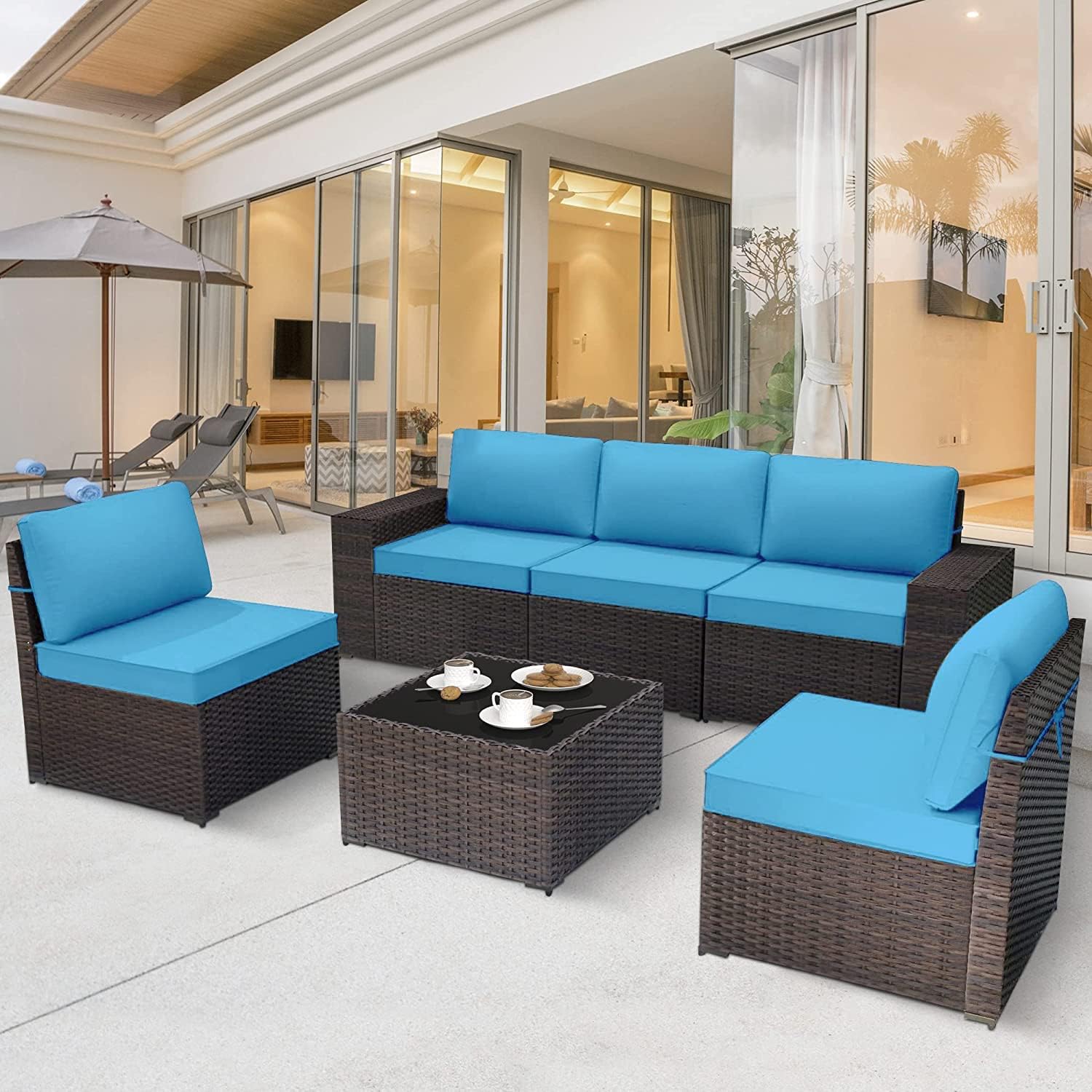 Grezone 6 Pieces Patio Outdoor Furniture Sets All Weather Wicker Sectional Sofa Couch Lawn Sectional Furniture with Washable Couch Cushions and Black-Glass Table (Blue) : Patio, Lawn & Garden