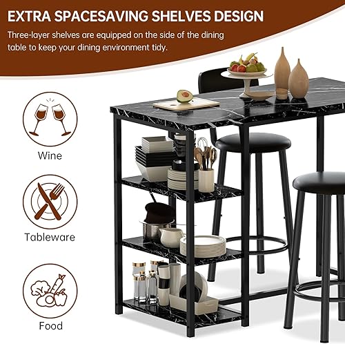 Miniatura 5 de DKLGG Juego de mesa de comedor para 2, mesa de pub de altura de mostrador con 2 taburetes de cuero sintético con respaldo ancho y 3 estantes de