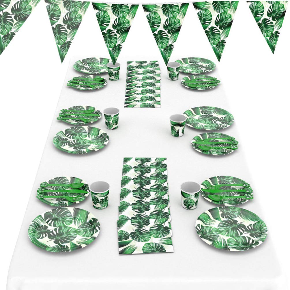 PRETYZOOM 47PCS Monstera Paper Tableware Napkins Set Disposable Paper Banner Tissue Cups Dish Cutlery Spoon Fork Table Hawaii Party Favor