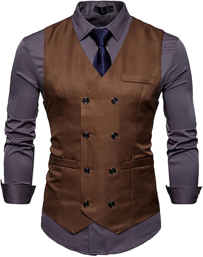 Heat-Tracing Mens Double Breasted Suit Vest Fashion Slim Fit Sleeveless  Waistcoat Men Business Wedding Chaqueta café XXL : Amazon.es