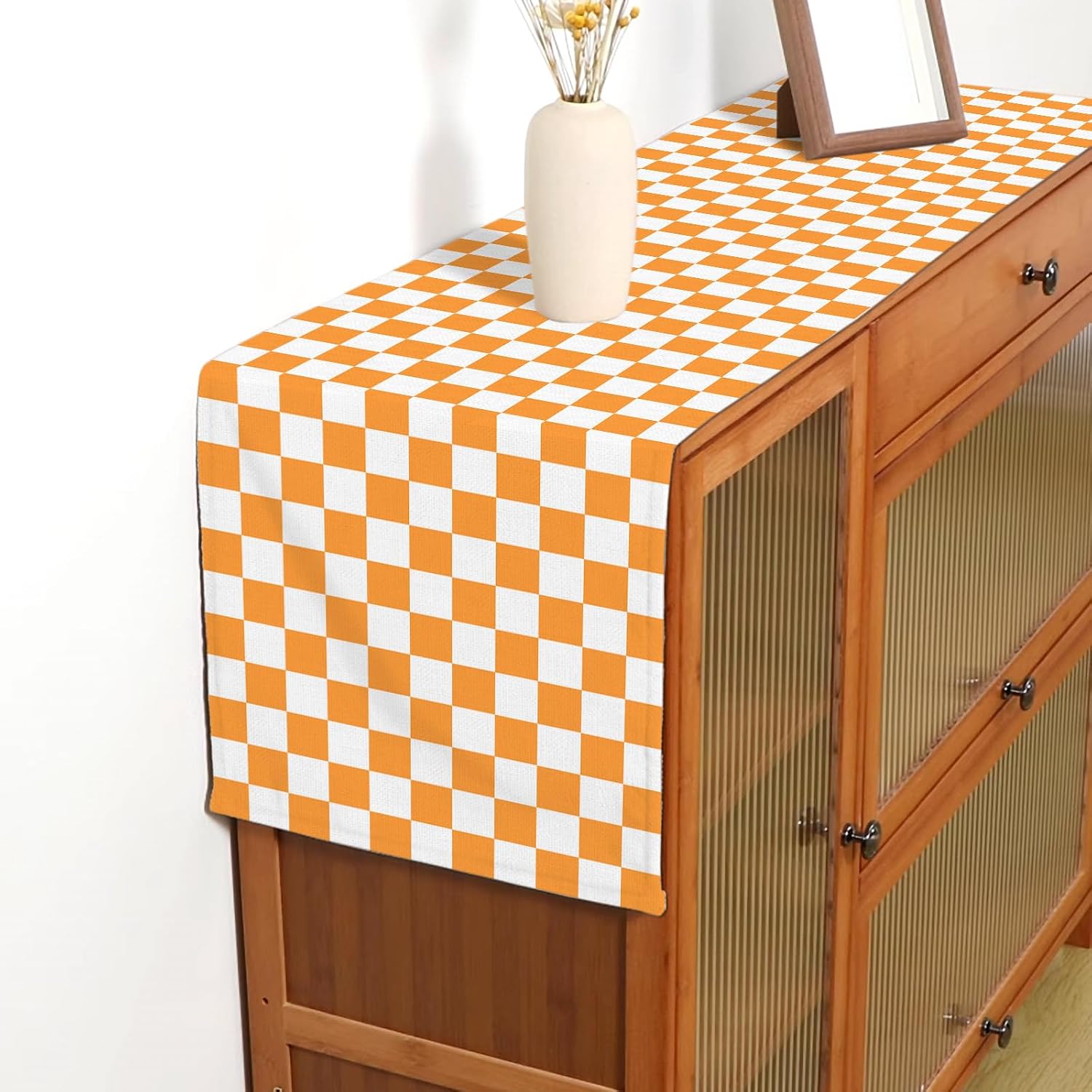 Orange White Checkered Table Runner Fall Thanksgiving Harvest Checkerboard Decoration for Wedding Birthday Bridal Baby Shower Christmas Home Party Kitchen Island Decor 13" x 72"