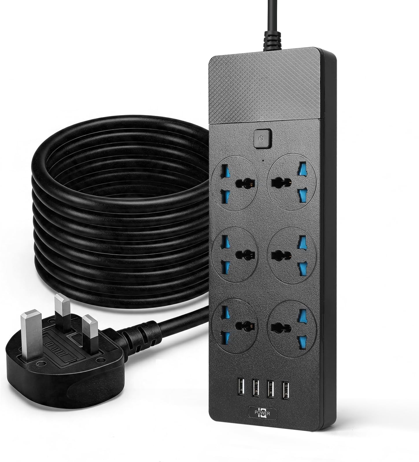 Baytion Universal Extension lead, with 6 gang of UK Plug 3 Pin Socket and 4 USB Port, 2 Meters Electric Socket Mains Strip with Surge Protection for Kitchen, Home and Office (Black)