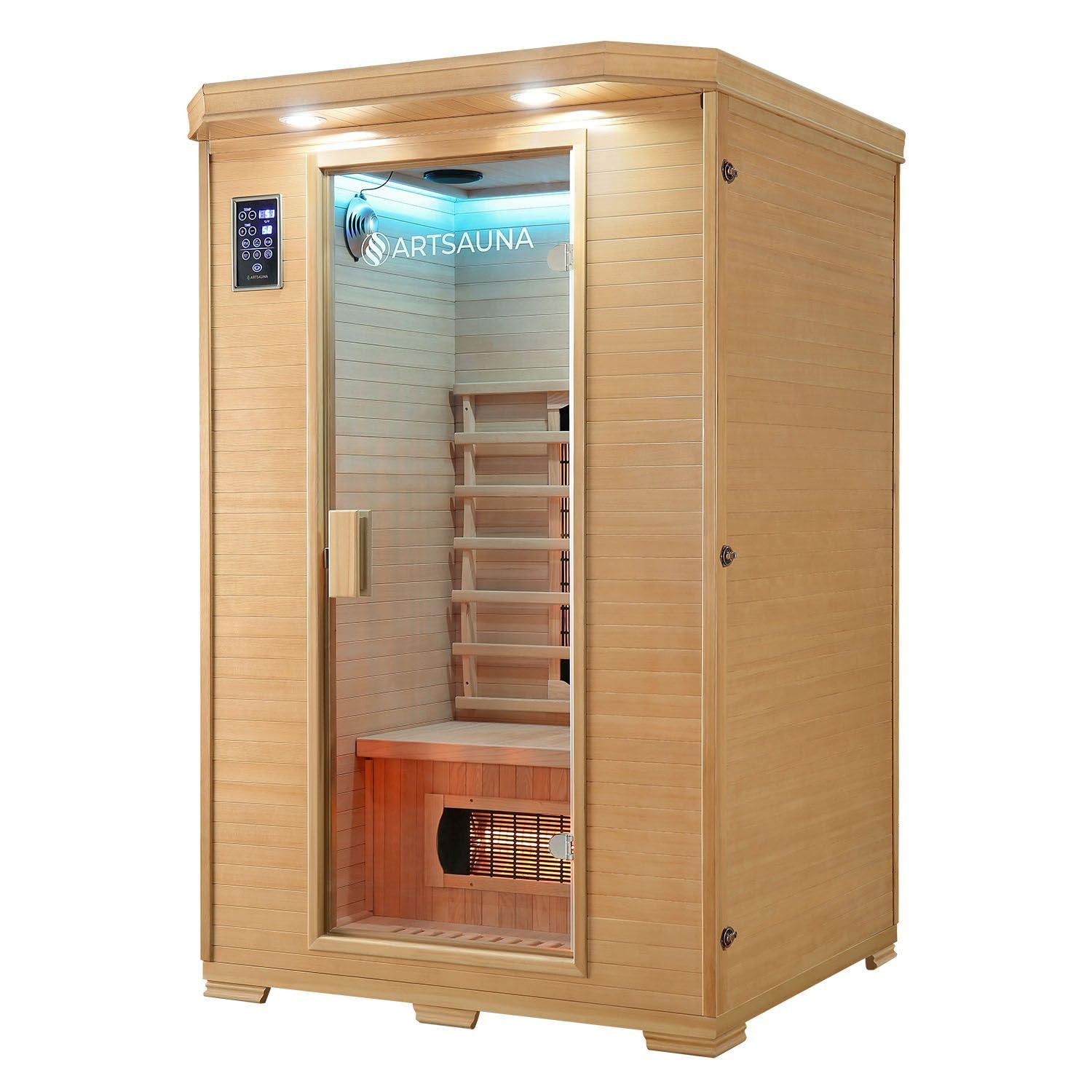 Artsauna Infrarotkabine Oslo - Wärmekabine Vollspektrumstrahler für 2 Personen - LED-Farblichttherapie - Infrarotsauna 120x100 cm aus Hemlockholz