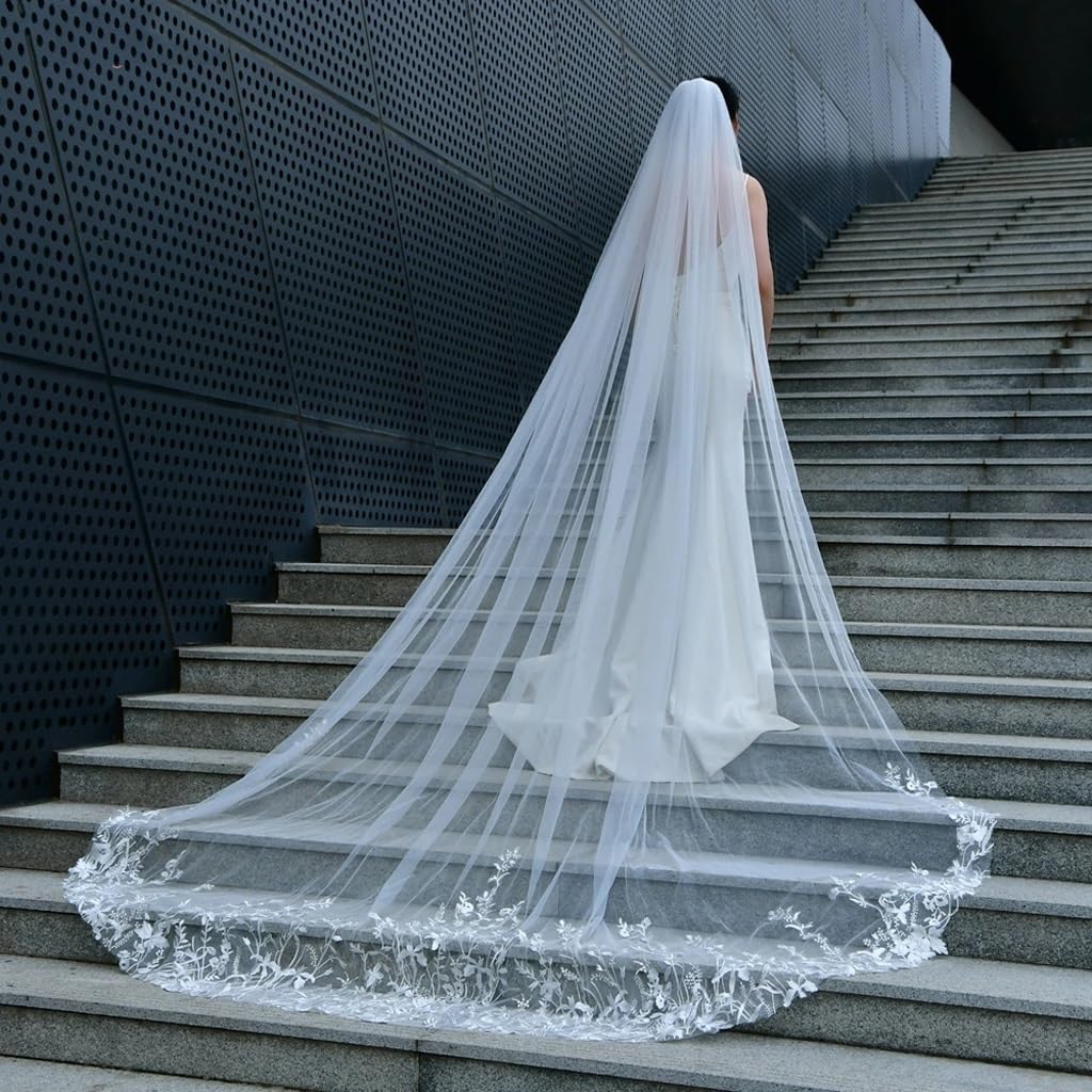 Lace Wedding Veil Bohemian Vine Branches and Flowers Bridal Long Veil(Off White,400cm)