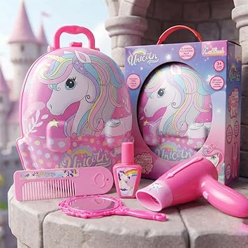 Unicorn Backpack Dressing & Makeup Gift Set for Kids - 2-in-1 Portable Trolley Pretend Play Vanity Kit with Electronic Hair Dryer & 13 Accessories - Ideal Birthday Gift for Girls 3+ Years