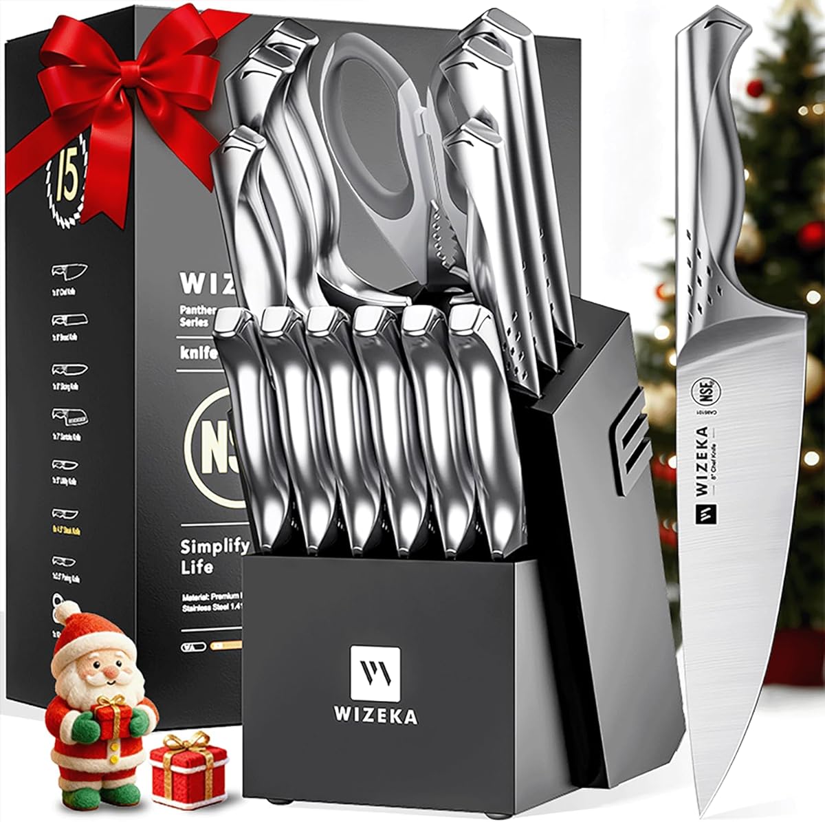 WIZEKA Kitchen Knife Set with Block: Razor Sharp 15 Pcs Professional Chef Knife Set with Knife Sharpener, Food Grade German Stainless Steel Knife Block Set, Jaguar Series