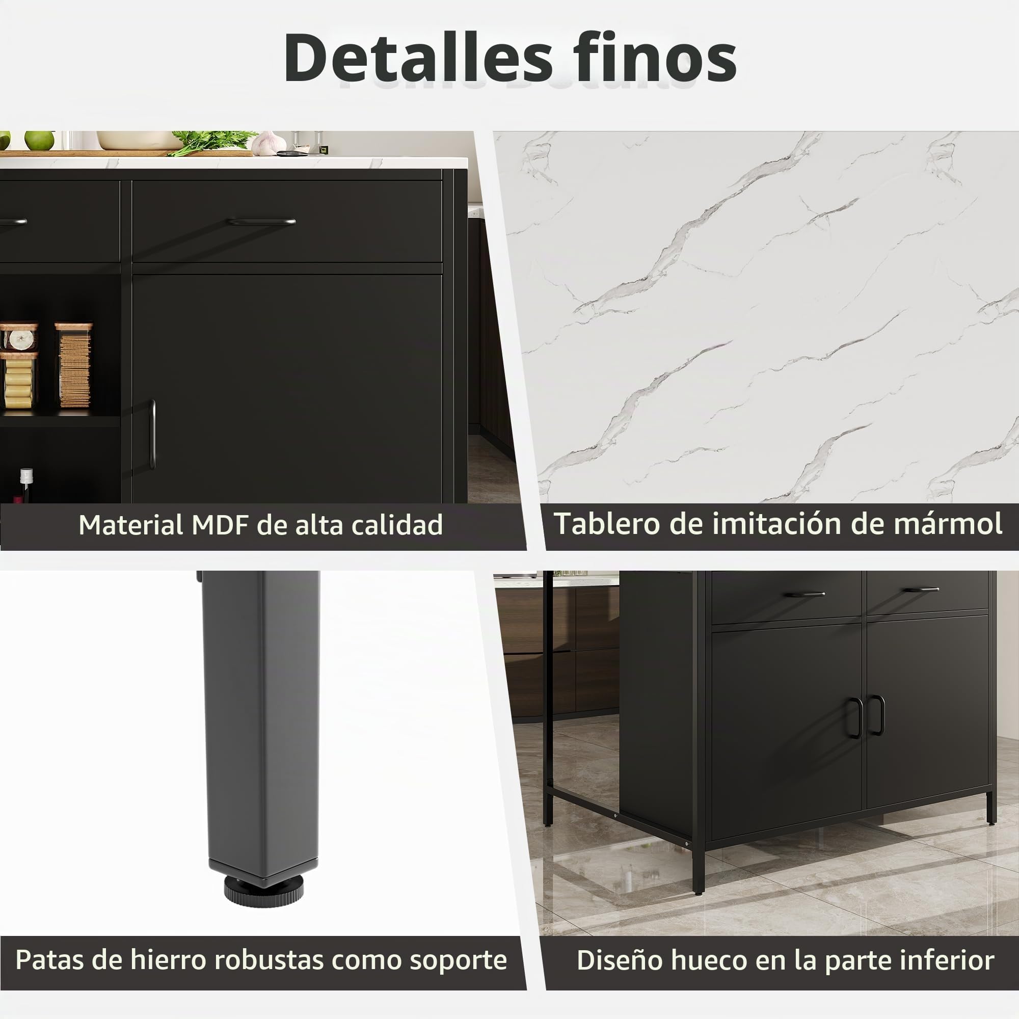 Isla de cocina, armario de cocina con 2 cajones, mesa de desayuno, bar, isla de cocina con estantes, isla de cocina, isla de cocina con encimeras de mármol, 100 x 90 x 90 cm, patas ajustables