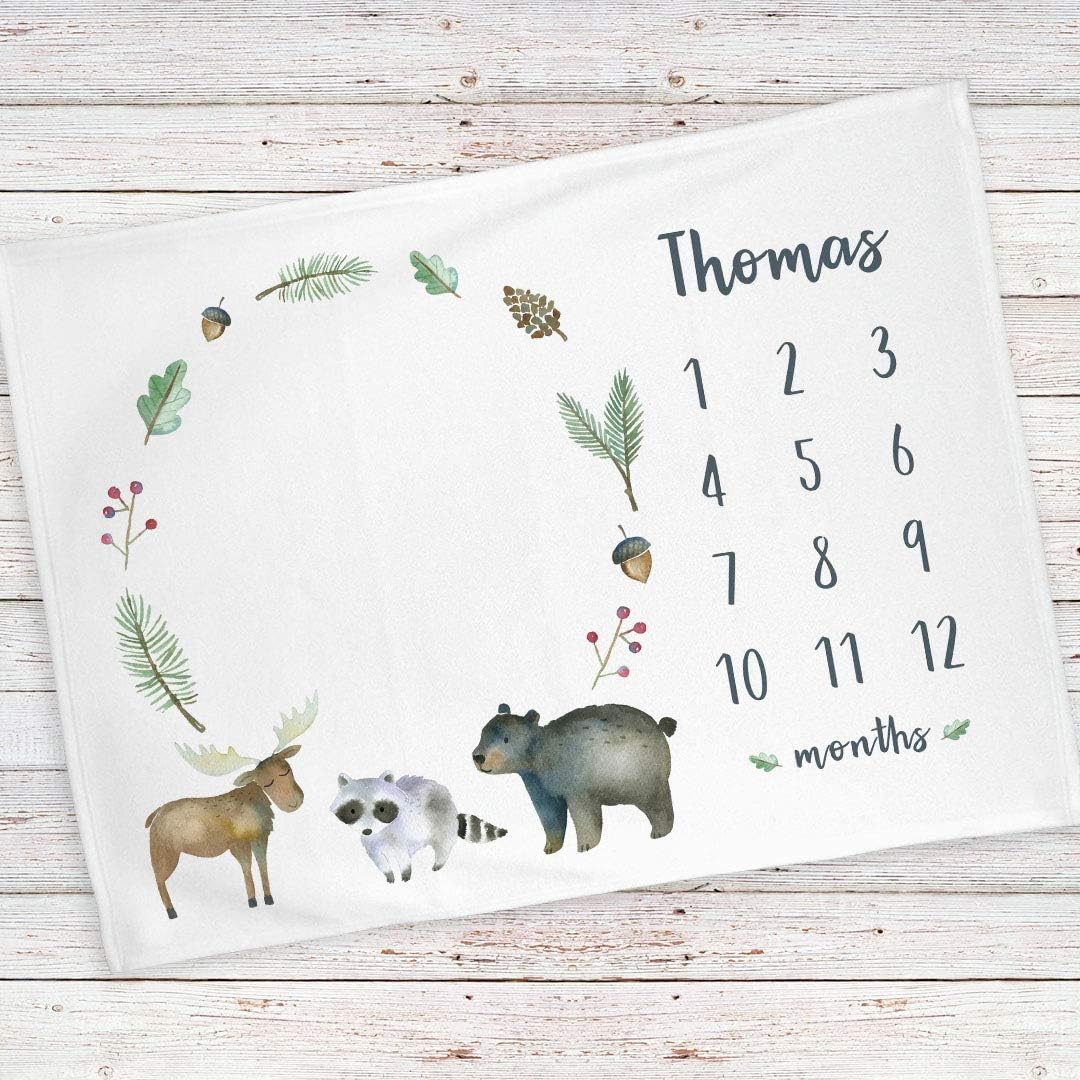 Monthly Milestone Baby Blanket Personalized, Woodland Animals Wreath