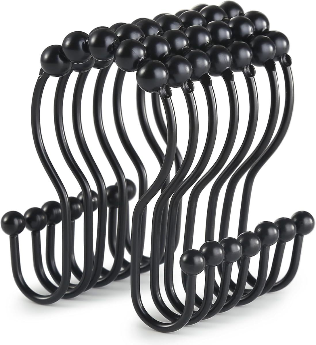 Goowin Shower Curtain Hooks, 12 Pcs Shower Curtain Rings, Stainless Steel Black Shower Curtain Hooks, Shower Curtain Rings Rust Proof, Smooth Sliding Anti-Drop Double Shower Rings for Curtain (Black)
