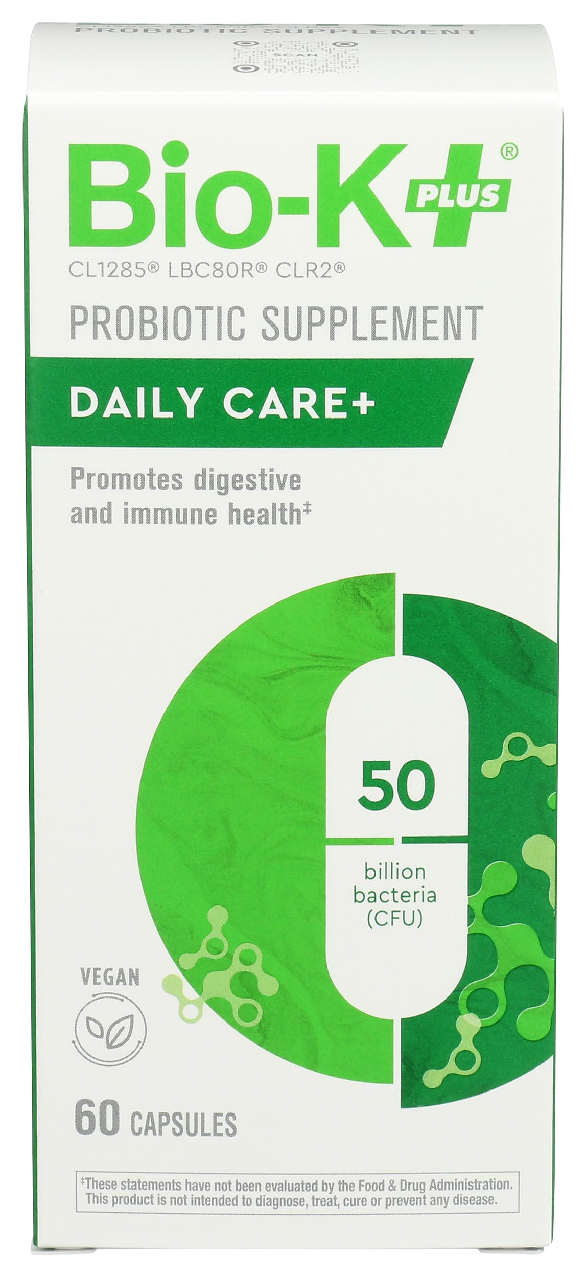 Bio-K Plus Suplemento probiótico Dailycare com 50 bilhões de UFC, 60 cápsulas