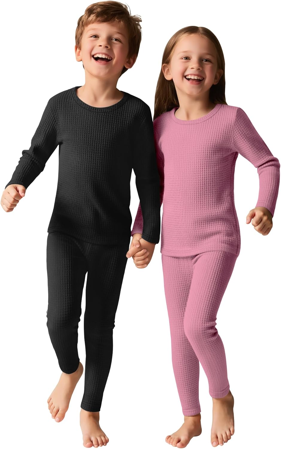 2 Pack Thermal Underwear Kids Set Waffle Knit Base Layer Boys Girls Unisex Long Sleeve Top and Bottom Cold Weather