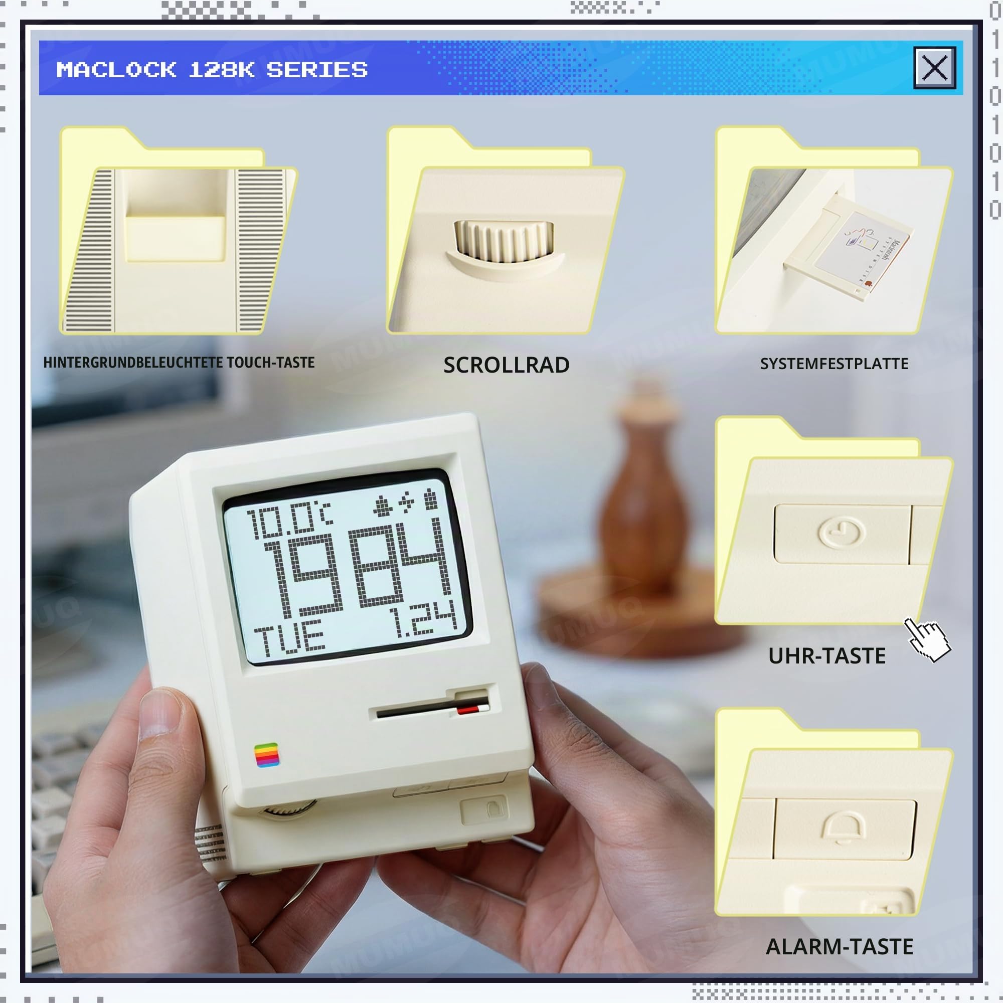 Maclock Retro Wecker Digital Vintage Computer Deko mit Pixel LCD Display | 5 Alarmmodi, Warmes Dimmer & Diskette-Accessoire, Nostalgisches Geschenk für Schlafzimmer, Home Office, Gaming-Setup