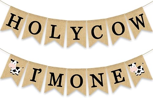 Holy Cow - Cartel con texto en inglés "I'm One", decoración de fiesta de primer cumpleaños, granero, guirnaldas de arpillera, suministros de primer
