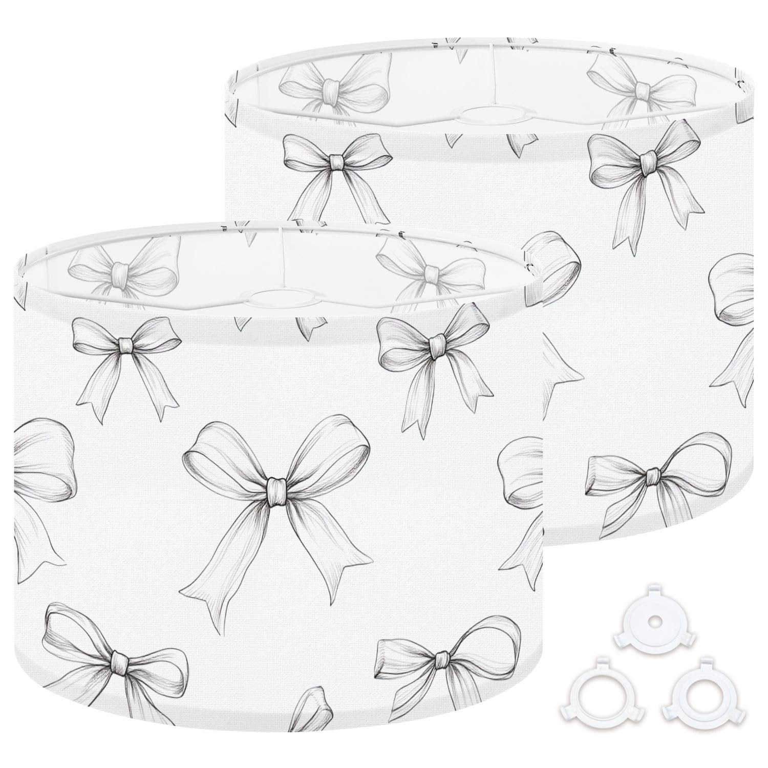 Fabric Round Drum Lamp Shade Hand Drawn Bows Black White Vintage Medium Linen Decorative Assembly Replacement Lampshades 13inch Set of 2 for Table Lamps, Floor Lamps,Ceiling Lamp