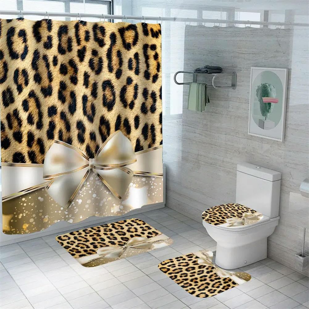 Ensemble de 4 tapis de bain géométriques avec motif léopard pour la Saint-Valentin, salle de bain, tapis décoratifs, imperméables et respectueux de l'environnement, lot de 4 pièces, 3 x 180 x 200 cm
