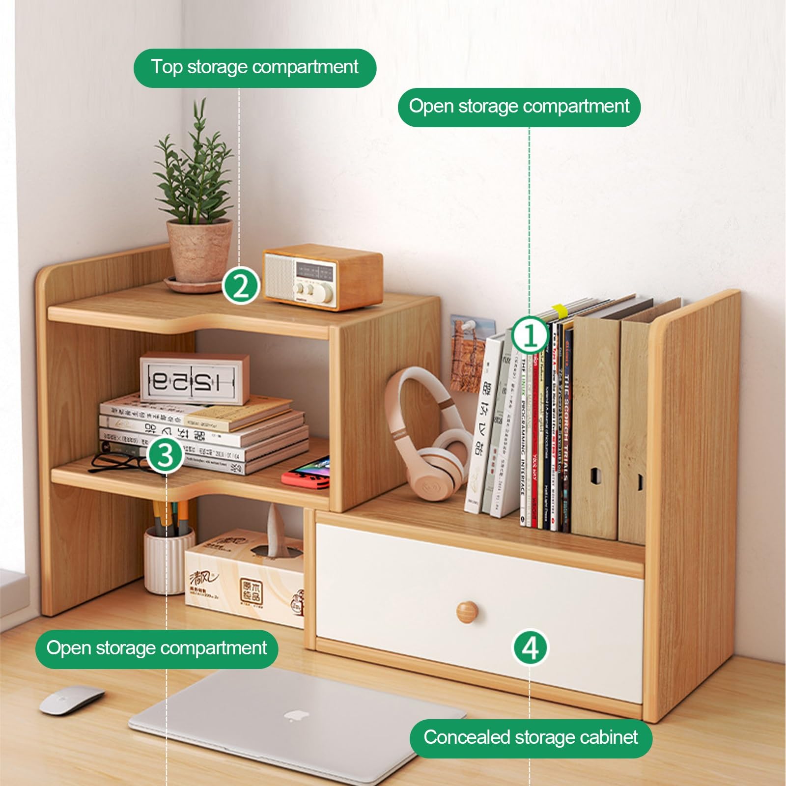 Schreibtisch-Organizer aus Holz, mit Schubladen, platzsparend, für Bücher und Bürobedarf, stilvolles Gitterregal für Zuhause, Wohnheim, Arbeitszimmer und Schminktisch (linkes Modell)