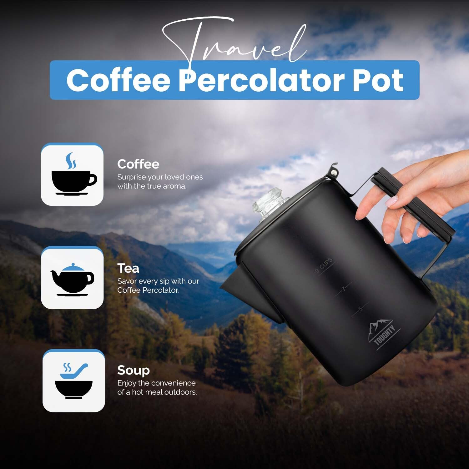 Toughty Yosemite - Cafetera clásica de acero inoxidable, ideal para camping, aventuras al aire libre y percolador en el hogar, perfecto para estufas de gas, eléctricas e inducción, 9 tazas