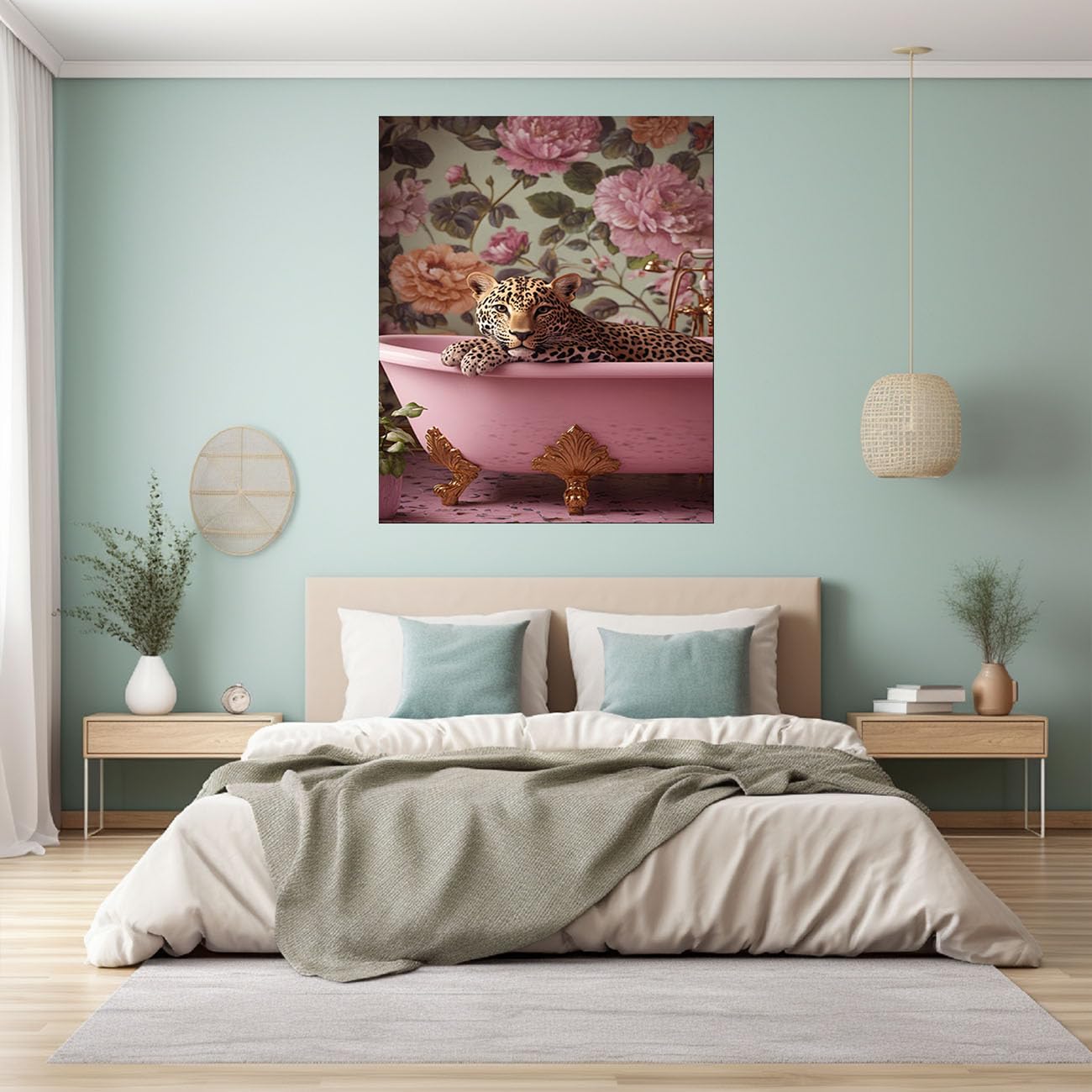 QUSAAOU Canvas Pictures Leopard w różowej wannie z tapetą kwiatową, plakat z motywami zwierzęcymi, nadaje się do dekoracji ścian w sypialni, kuchni, biurze i łazienkach, kolor różowy, 60 x 90 cm, w