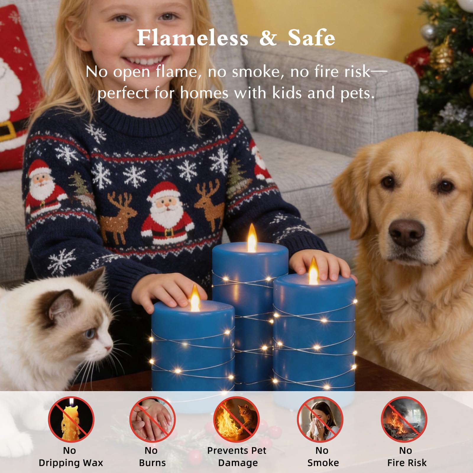 Candele LED Ricaricabili, Set da 3 con Luci a Filo Integrate, Blu | Vera Cera, Senza Fiamma, Telecomando, Timer 2/4/6/8 Ore, Effetto Fiamma Danzante, Luce Tremolante, per Casa e Matrimonio